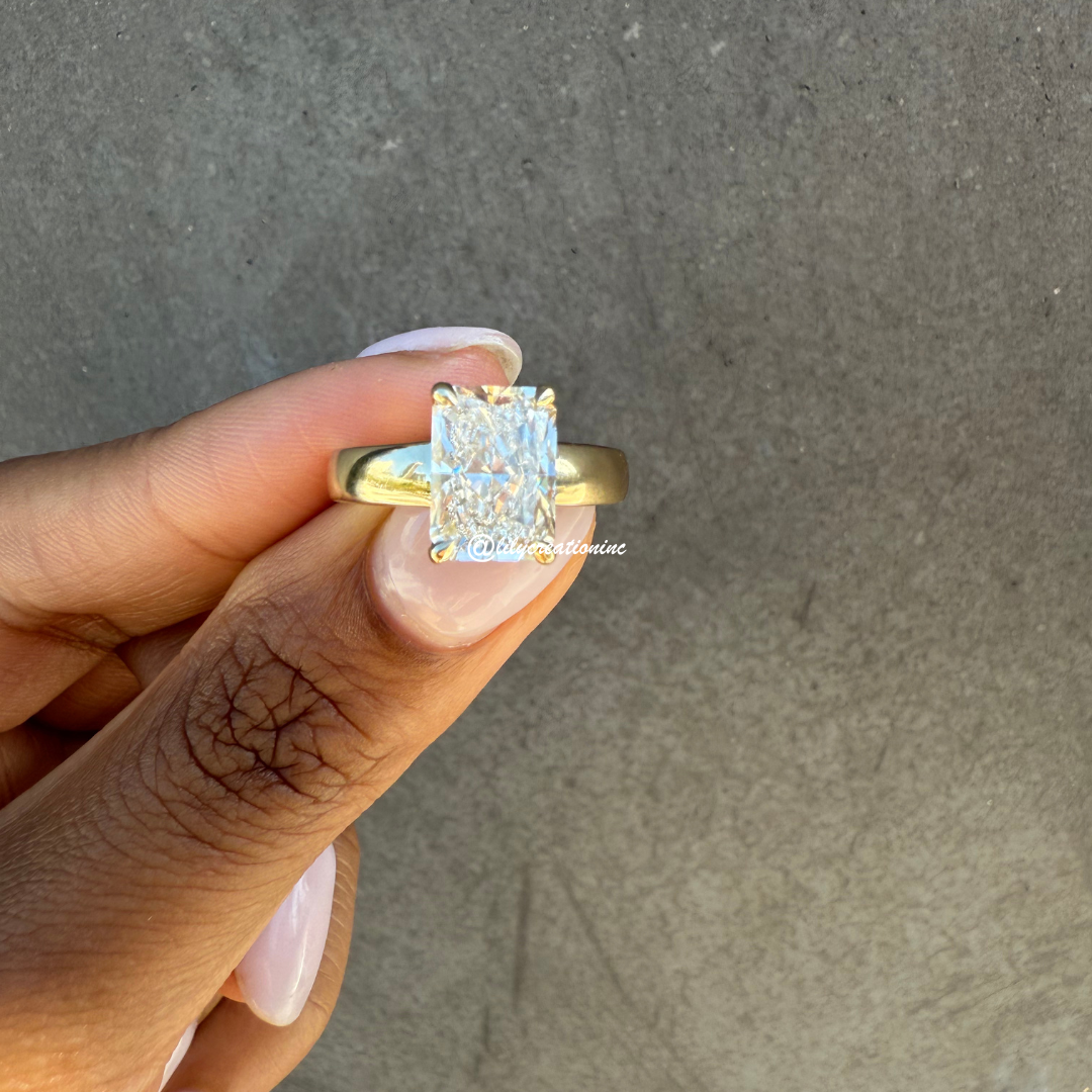 Radiant Cut Solitaire Diamond Engagement Ring With Thick Gold Band