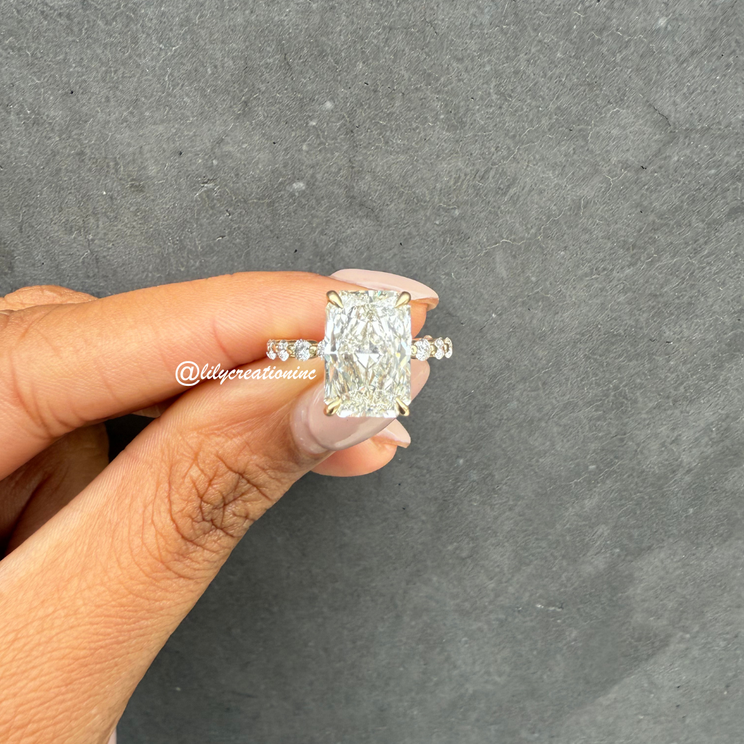 Radiant Cut Solitaire Diamond Engagement Ring With Round Spaced Diamond Band