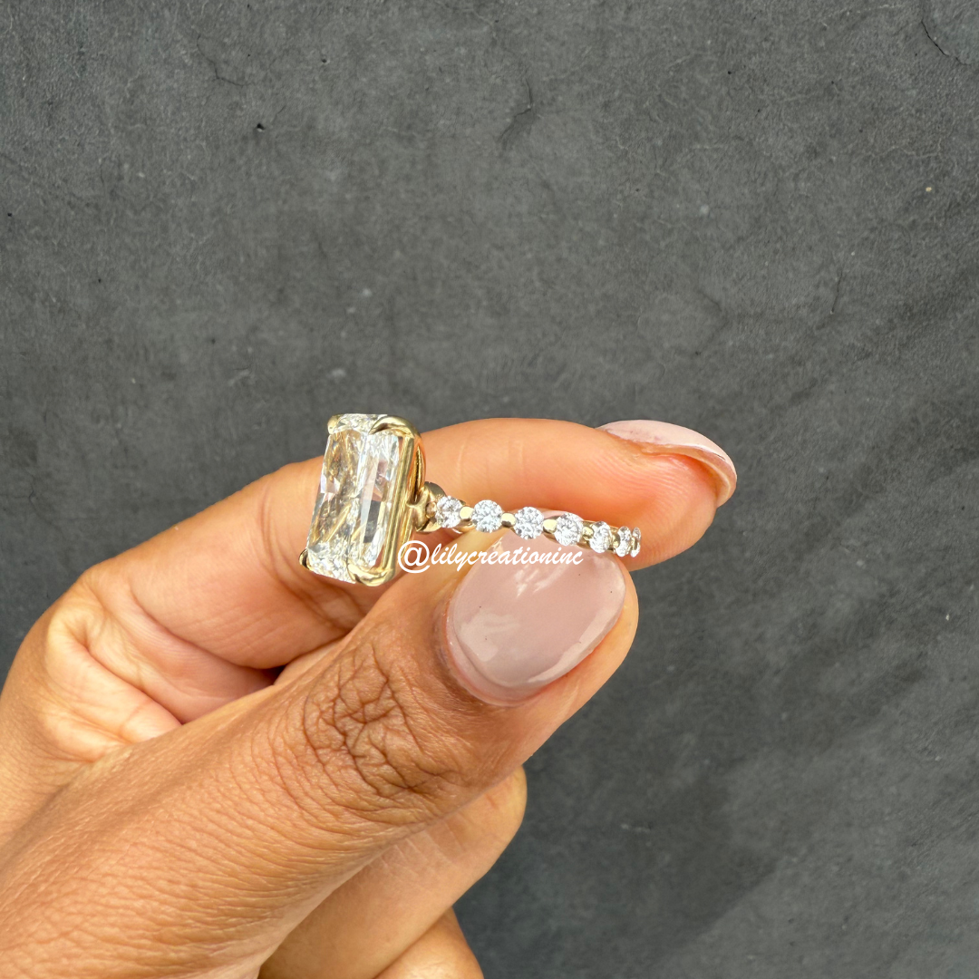 Radiant Cut Solitaire Diamond Engagement Ring With Round Spaced Diamond Band