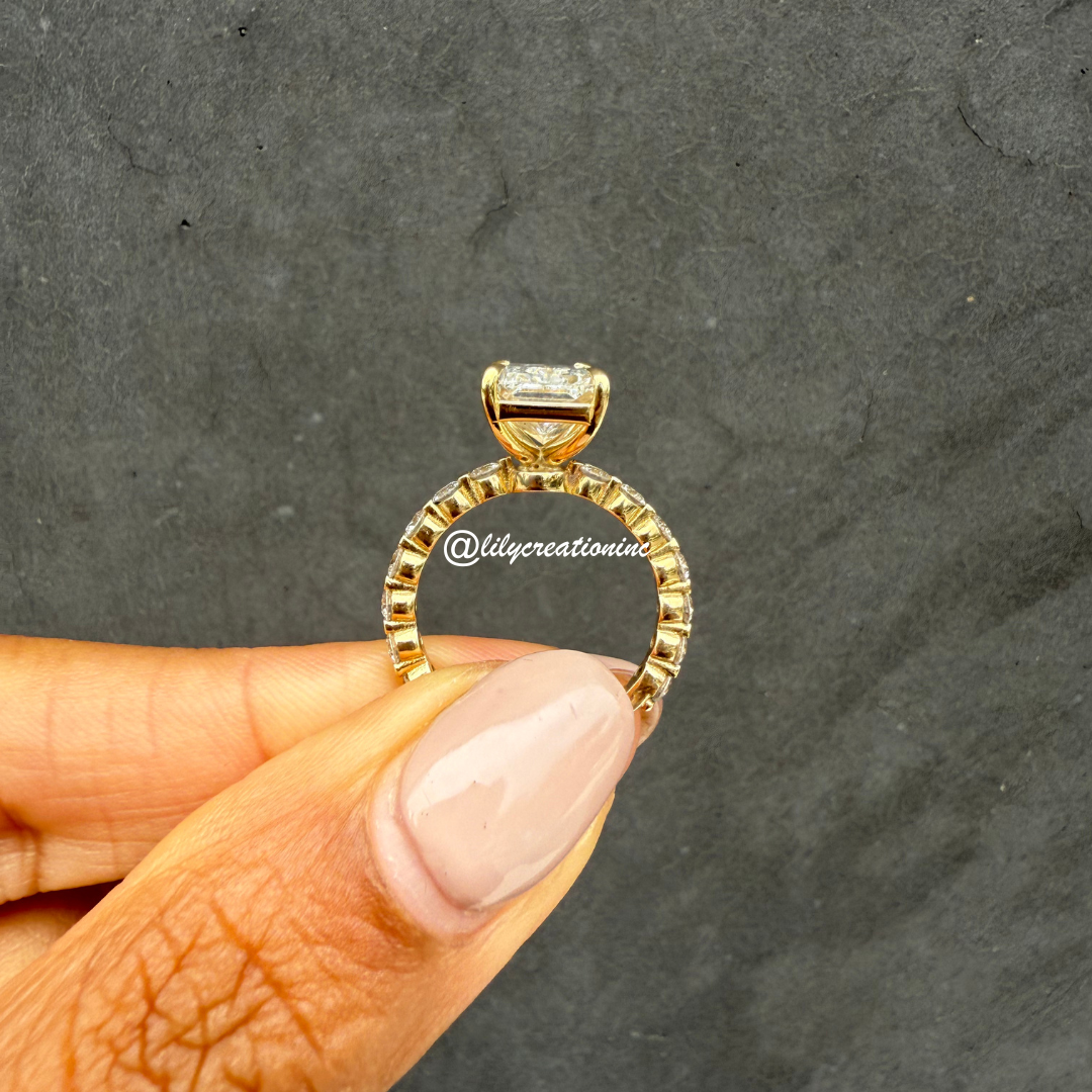 Radiant Cut Solitaire Diamond Engagement Ring With Round Spaced Diamond Band