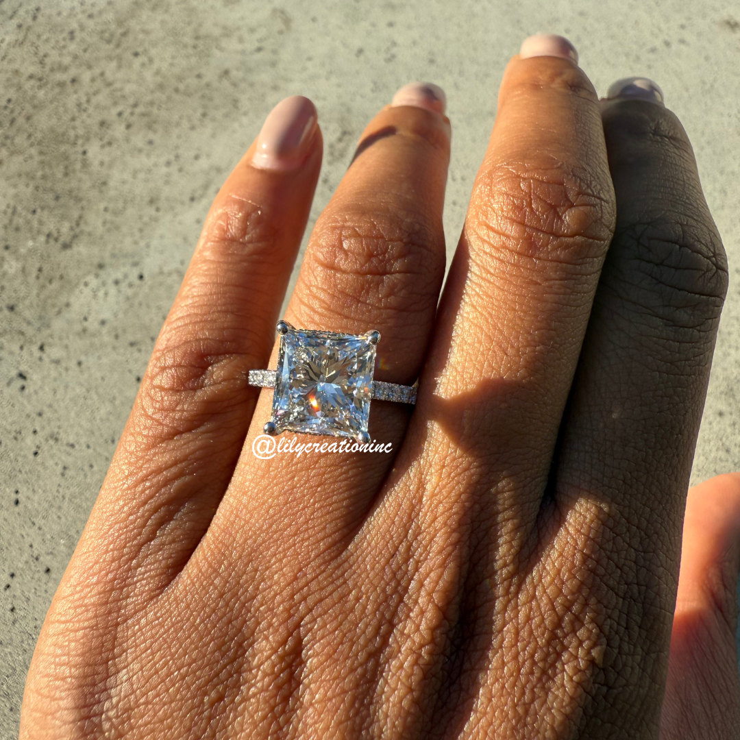 Princess Cut Diamond Engagement Ring With 1/2 Coverage Side Stones & Hidden Halo