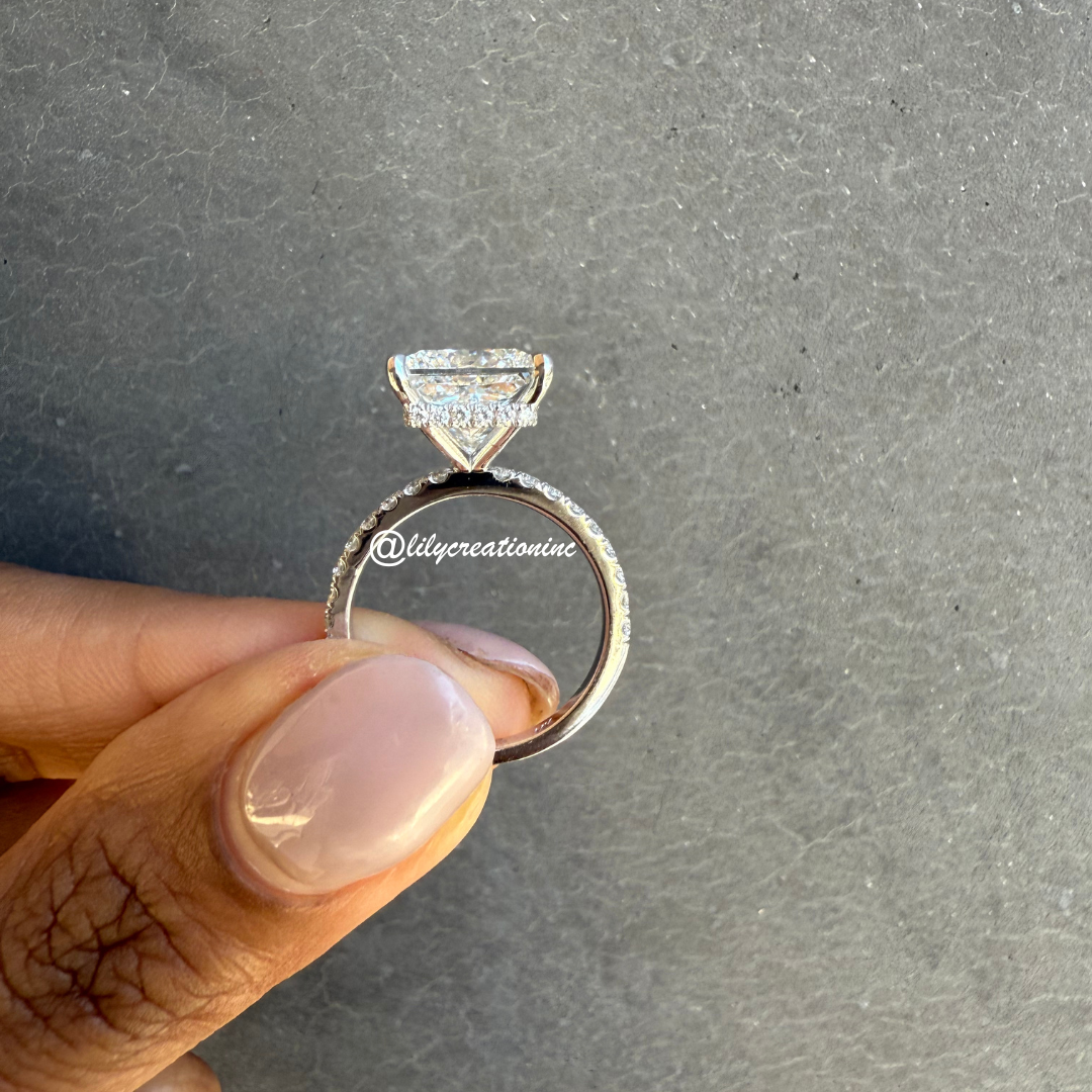 Princess Cut Diamond Engagement Ring With 1/2 Coverage Side Stones & Hidden Halo