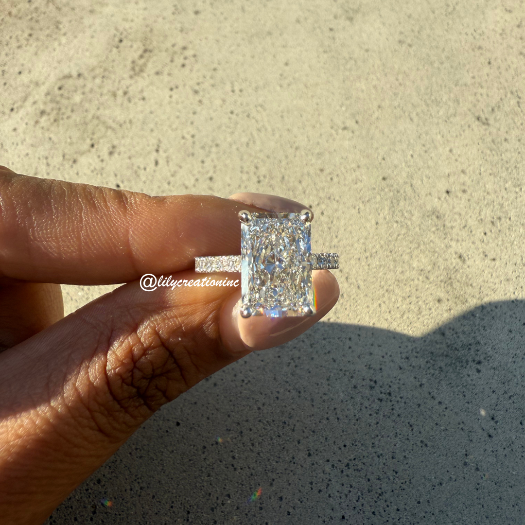 Radiant Cut Diamond Engagement Ring With 1/2 Coverage Side Stones & Hidden Halo