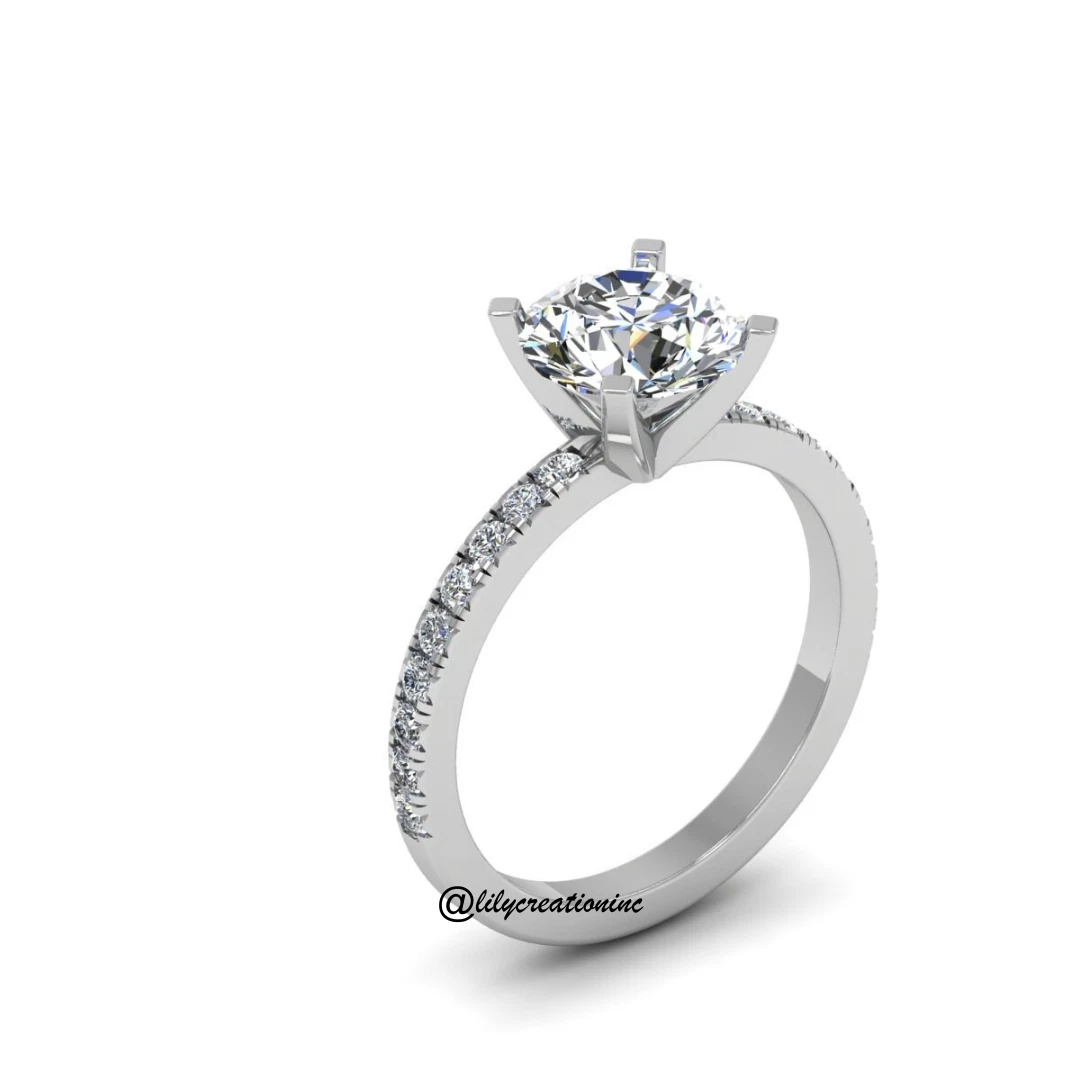 Round Lab Grown Diamond Engagement Ring with 1/2 Coverage Side Stones
