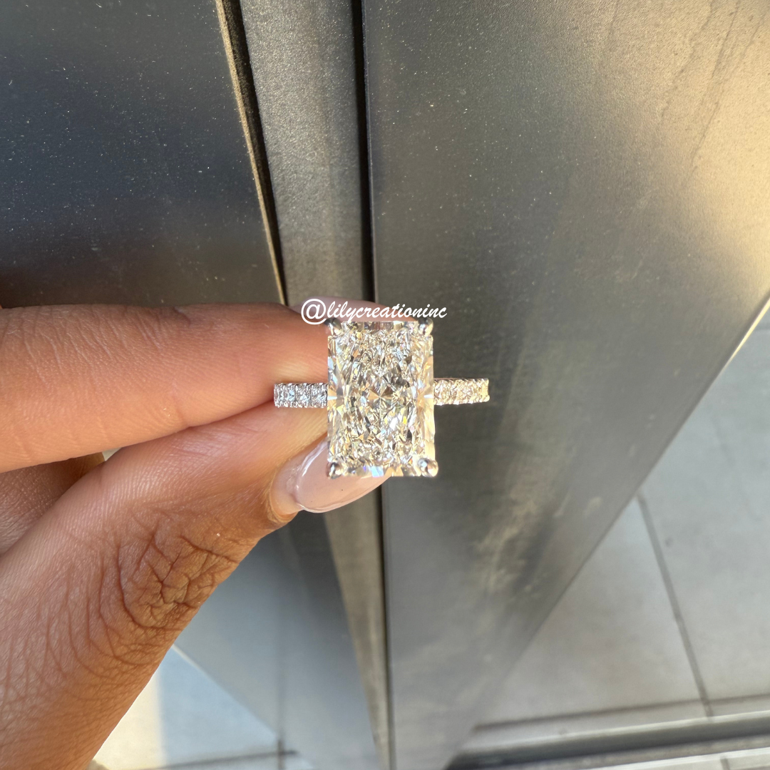 Radiant Cut Diamond Engagement Ring With 1/2 Coverage Side Stones & Hidden Halo