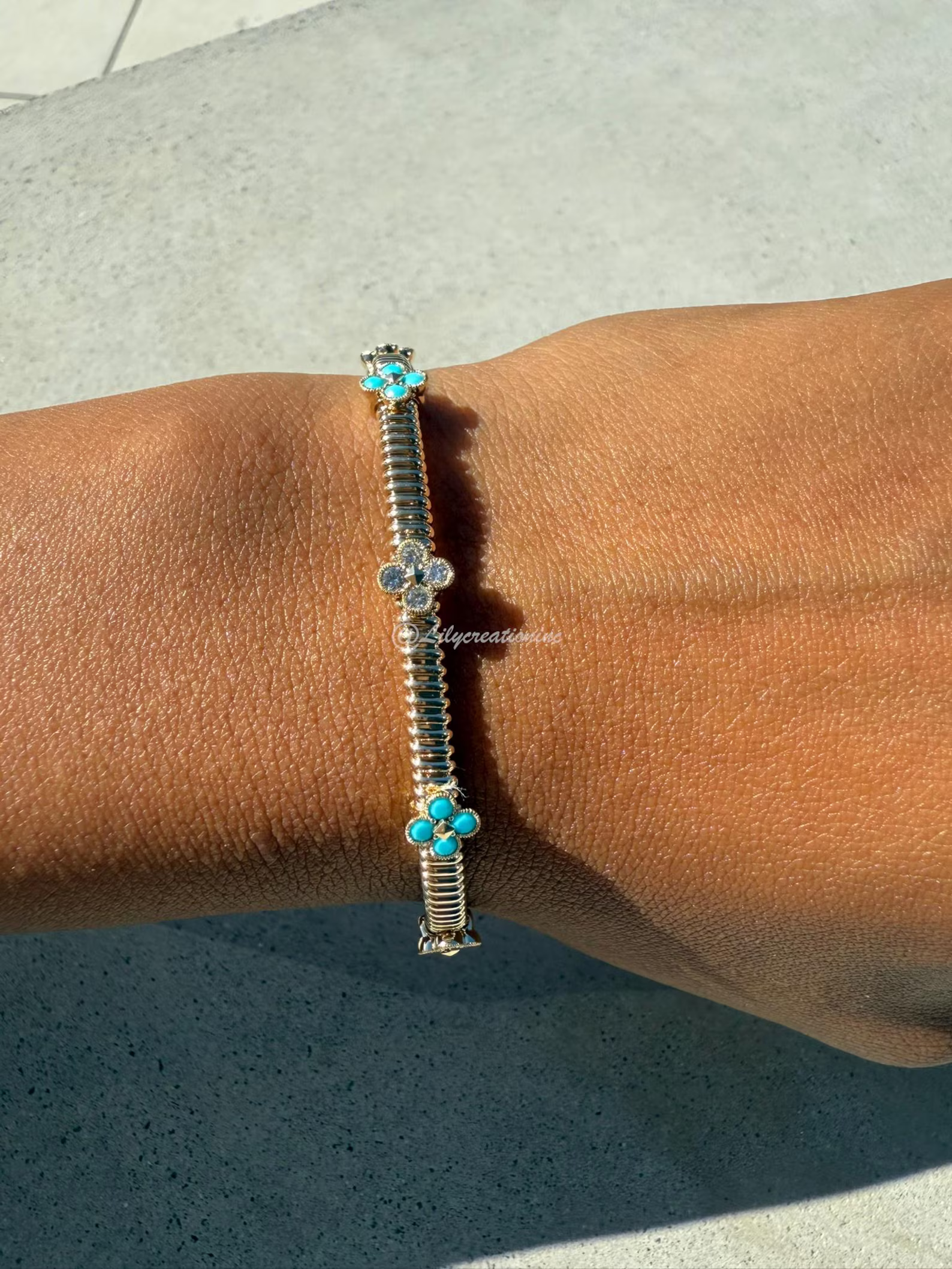 1 Carat Lab Grown Diamond & Turquoise Flower Flexible Bangle Bracelet – Floral Station Gold Bracelet