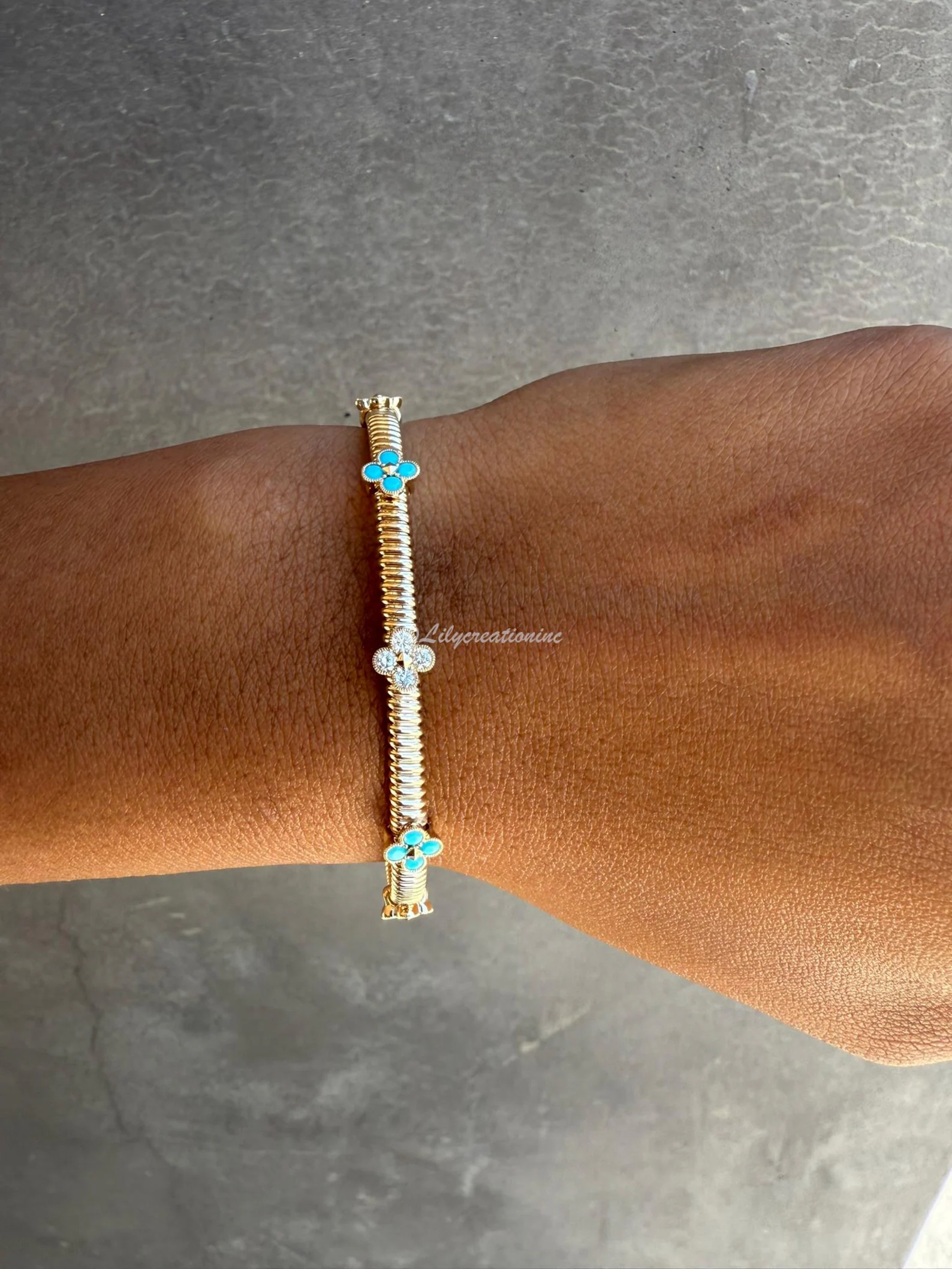 1 Carat Lab Grown Diamond & Turquoise Flower Flexible Bangle Bracelet – Floral Station Gold Bracelet