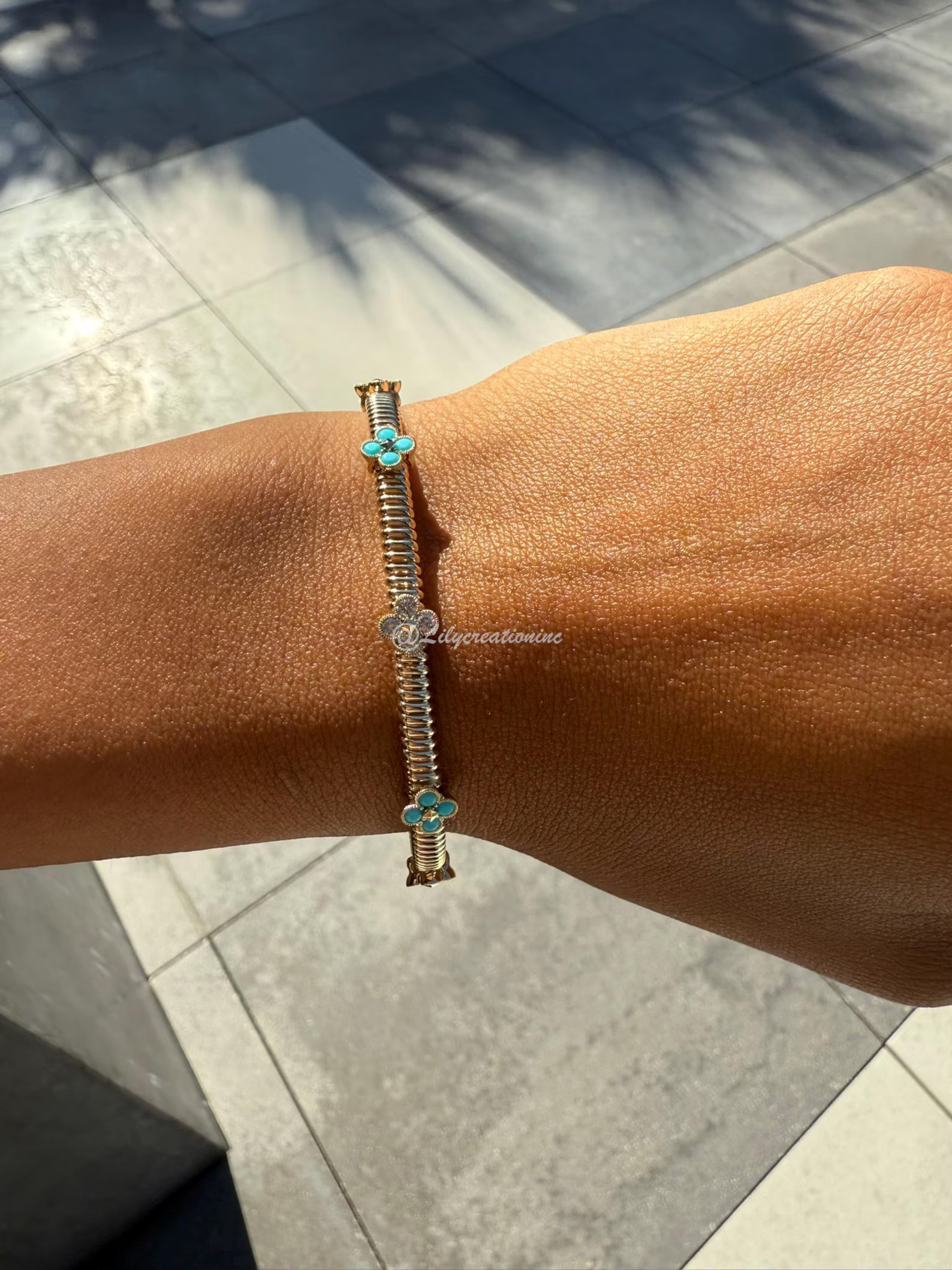 1 Carat Lab Grown Diamond & Turquoise Flower Flexible Bangle Bracelet – Floral Station Gold Bracelet