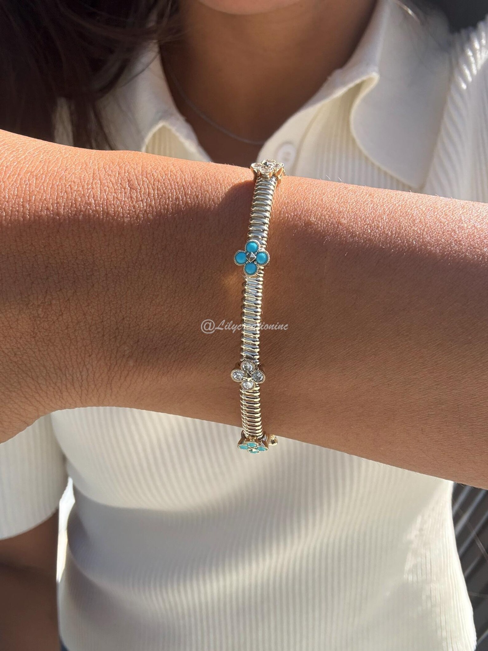 1 Carat Lab Grown Diamond & Turquoise Flower Flexible Bangle Bracelet – Floral Station Gold Bracelet