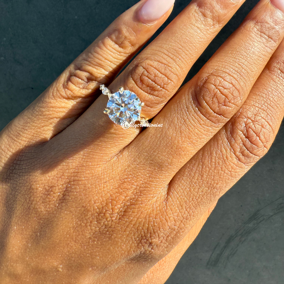 Round Solitaire Diamond Engagement Ring With Marquee Side Stones & Hidden Halo