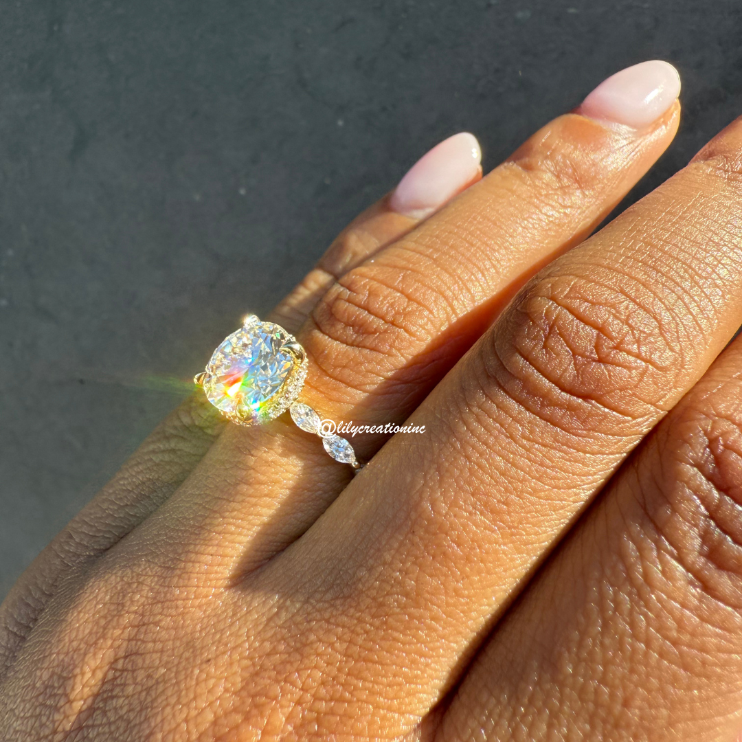 Round Solitaire Diamond Engagement Ring With Marquee Side Stones & Hidden Halo