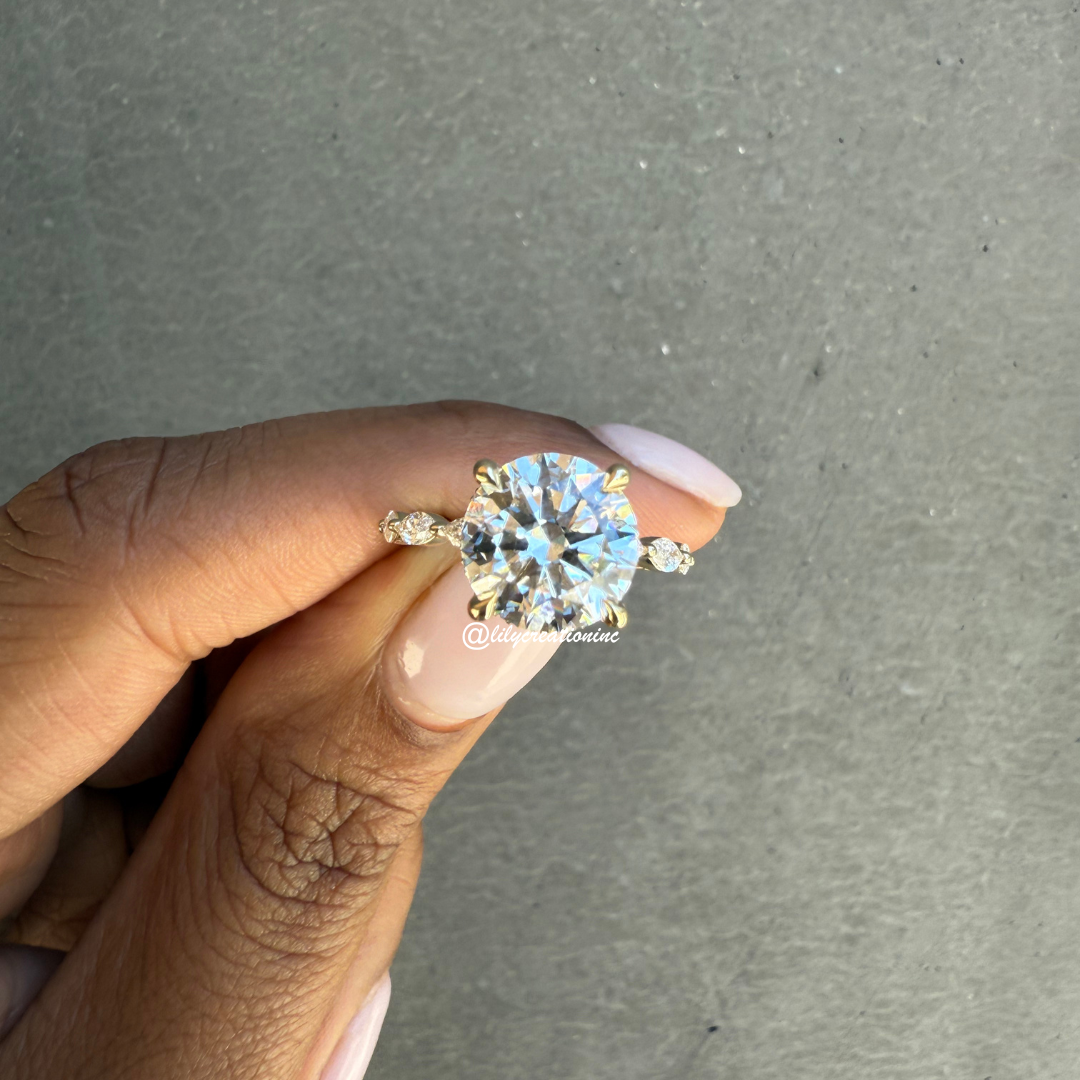 Round Solitaire Diamond Engagement Ring With Marquee Side Stones & Hidden Halo