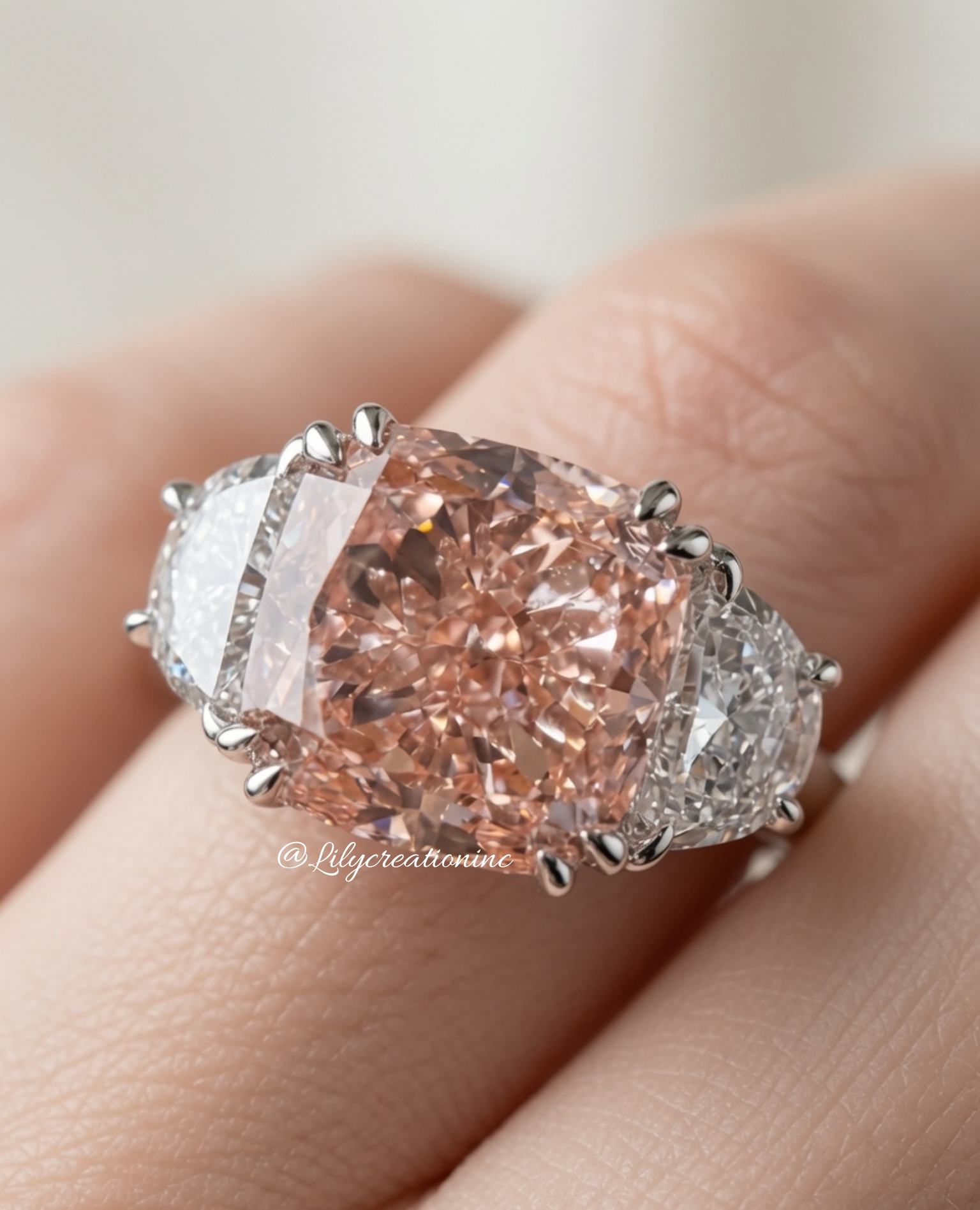 4 Carat Pink Cushion Cut with Half Moon Side Stones Lab Grown Diamond Engagement Ring