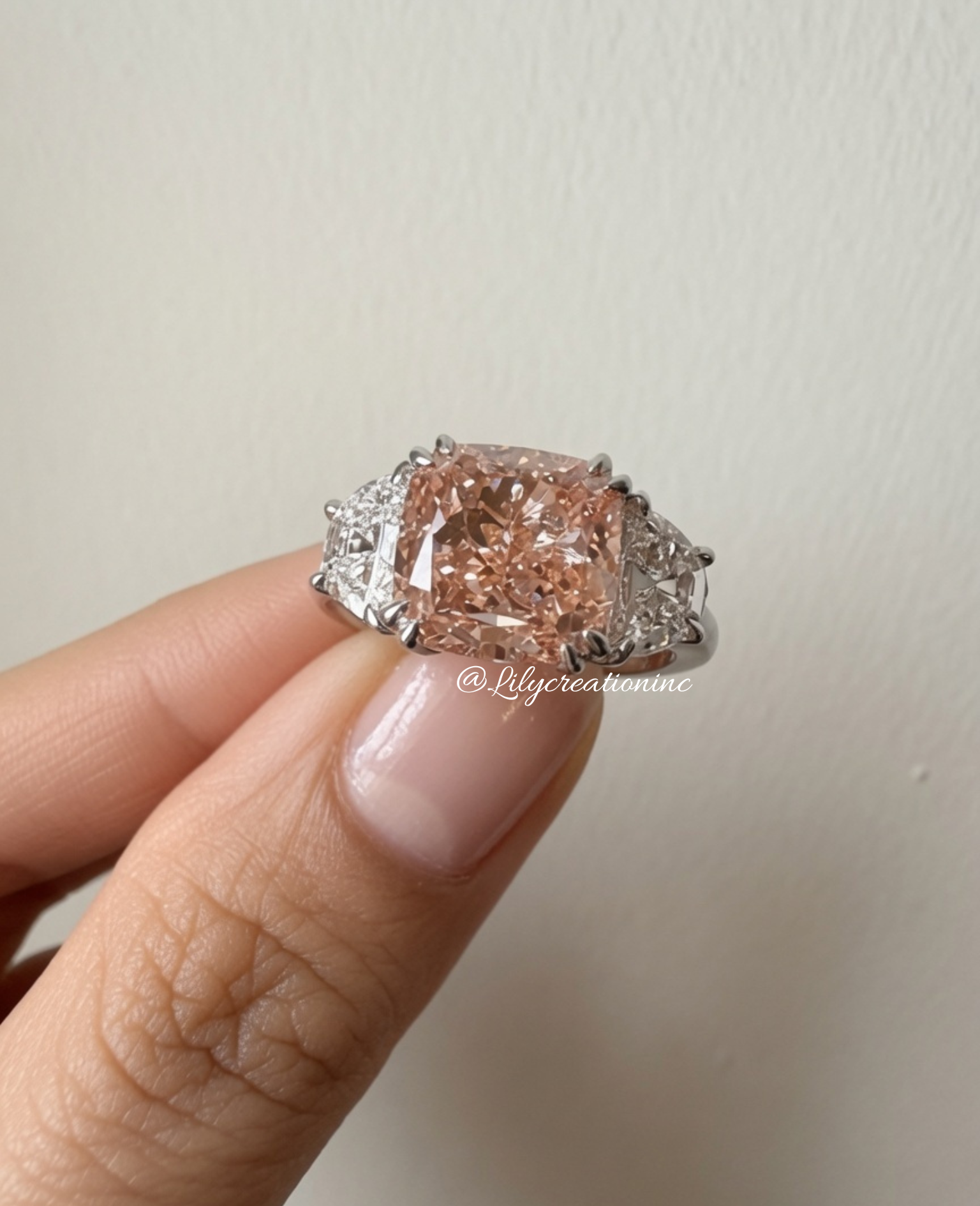4 Carat Pink Cushion Cut with Half Moon Side Stones Lab Grown Diamond Engagement Ring