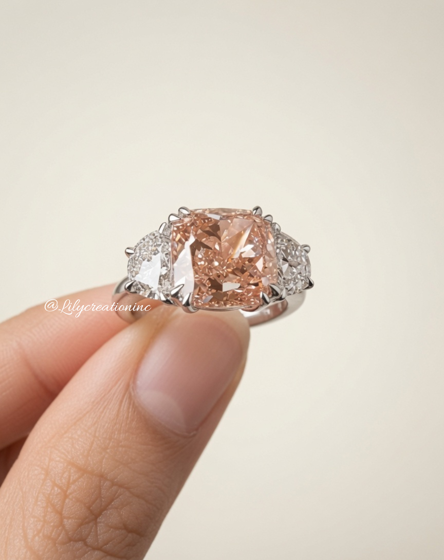 4 Carat Pink Cushion Cut with Half Moon Side Stones Lab Grown Diamond Engagement Ring