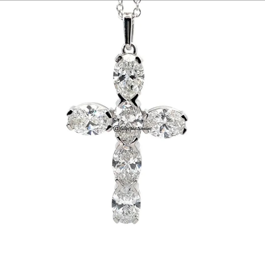 6 Carat 6 Stone Oval Lab Grown Diamond Cross Pendant