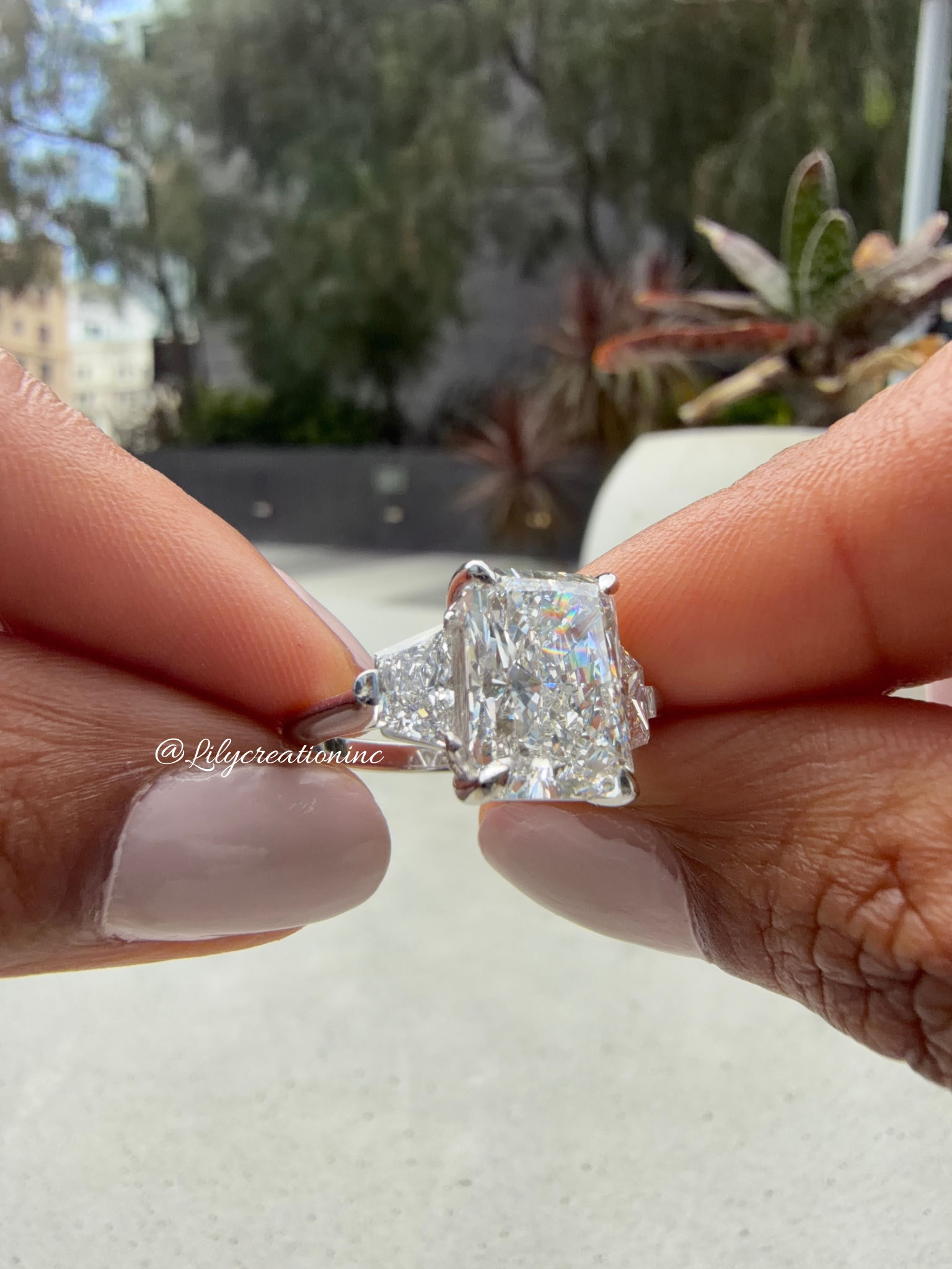 Radiant Cut Lab Grown Diamond Engagement Ring with Trapezoid Side Stones