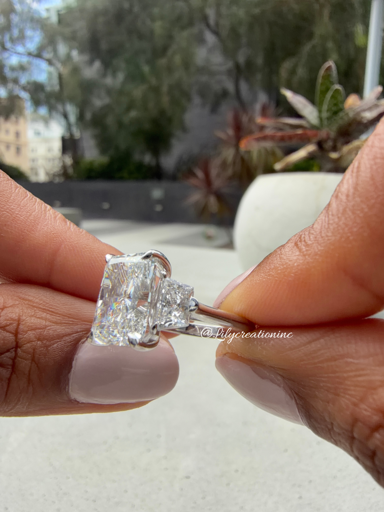 Radiant Cut Lab Grown Diamond Engagement Ring with Trapezoid Side Stones