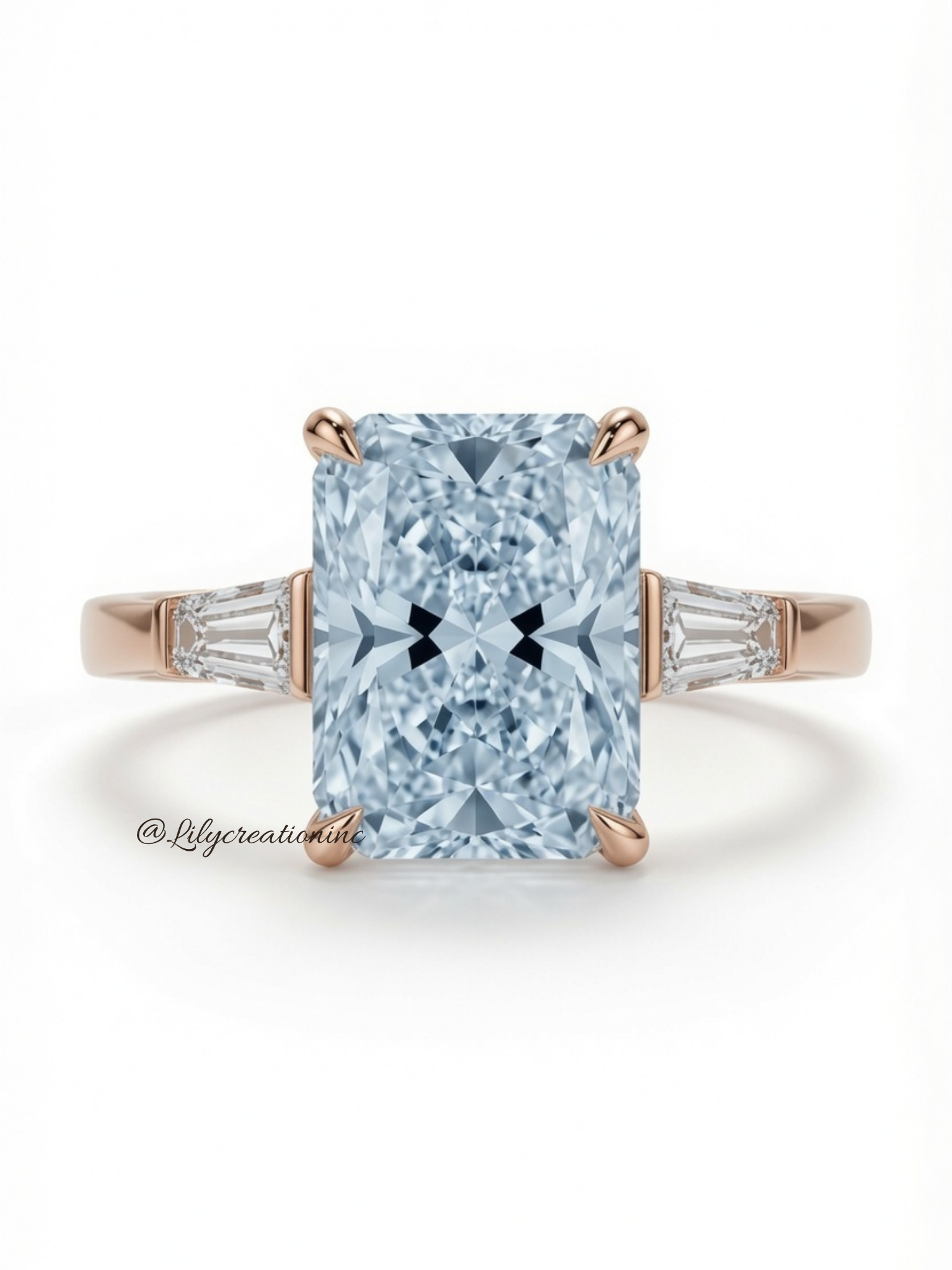 Blue Radiant Cut Diamond Engagement Ring with Trapezoid Side Stones