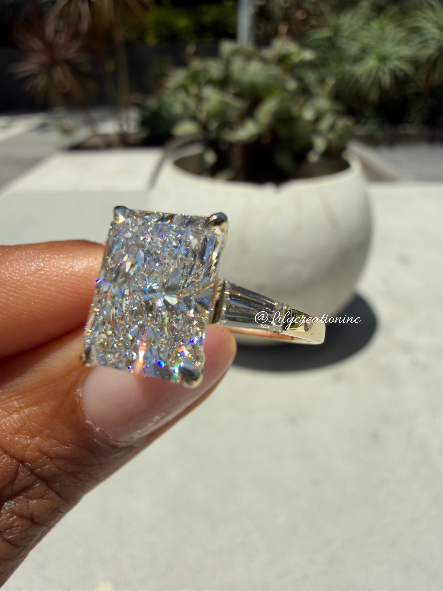 Radiant Cut Lab Grown Diamond Engagement Ring with Taper Baguettes Side Stones