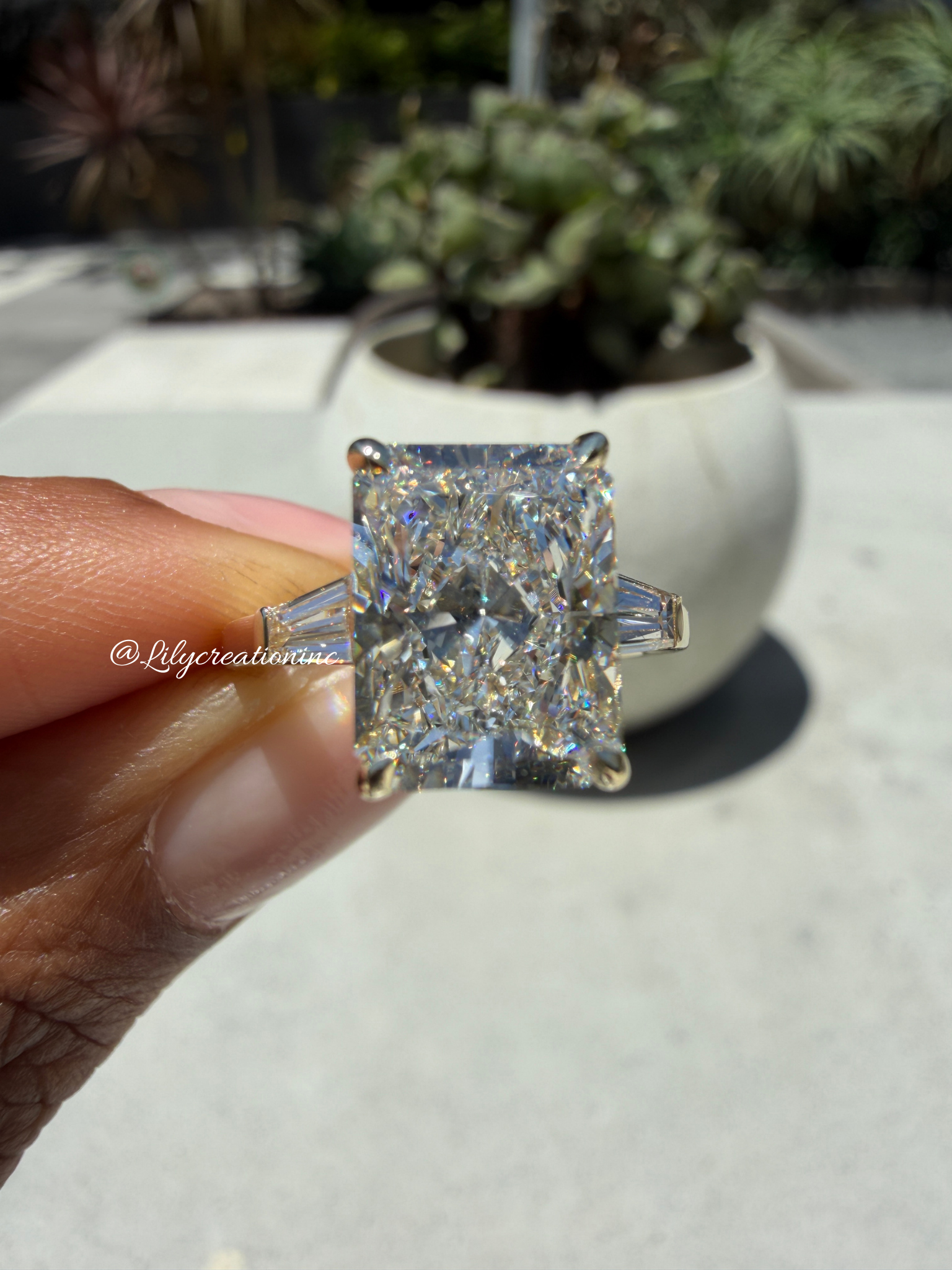 Radiant Cut Lab Grown Diamond Engagement Ring with Taper Baguettes Side Stones