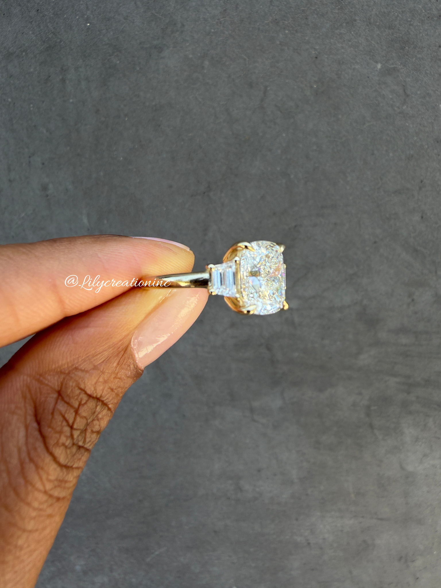 Cushion Cut Lab Grown Diamond Engagement Ring with Trapezoid Side Stones