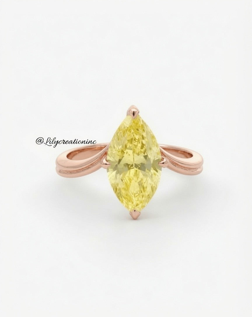 Yellow Marquee V Shape Band Solitaire Diamond Engagement Ring