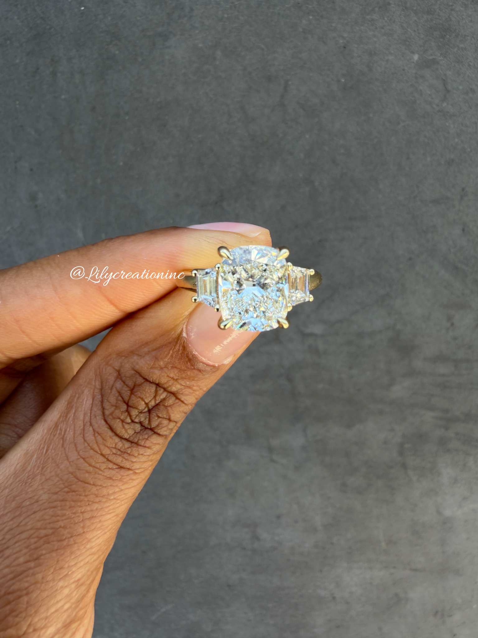Cushion Cut Lab Grown Diamond Engagement Ring with Trapezoid Side Stones
