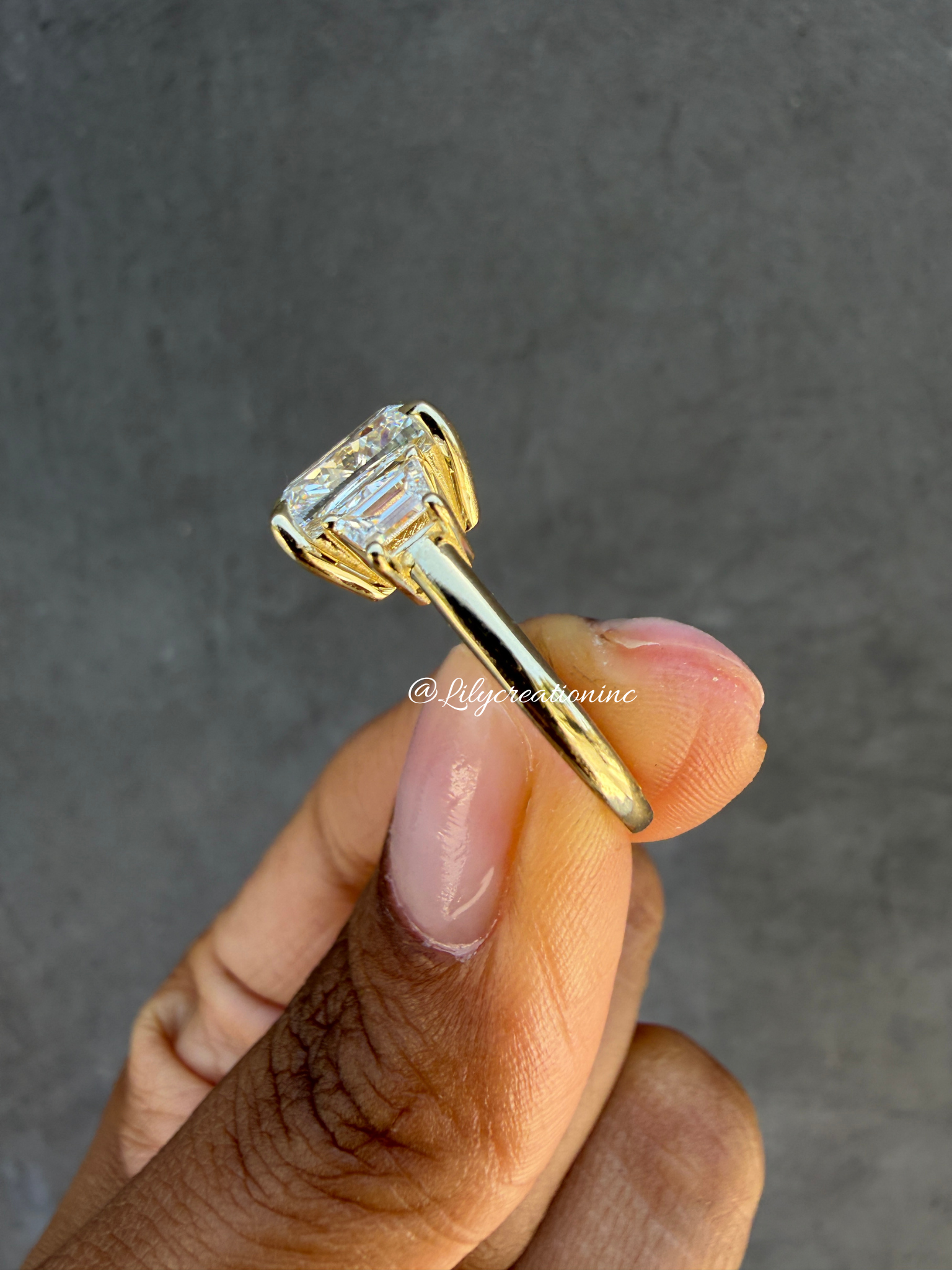 Cushion Cut Lab Grown Diamond Engagement Ring with Trapezoid Side Stones