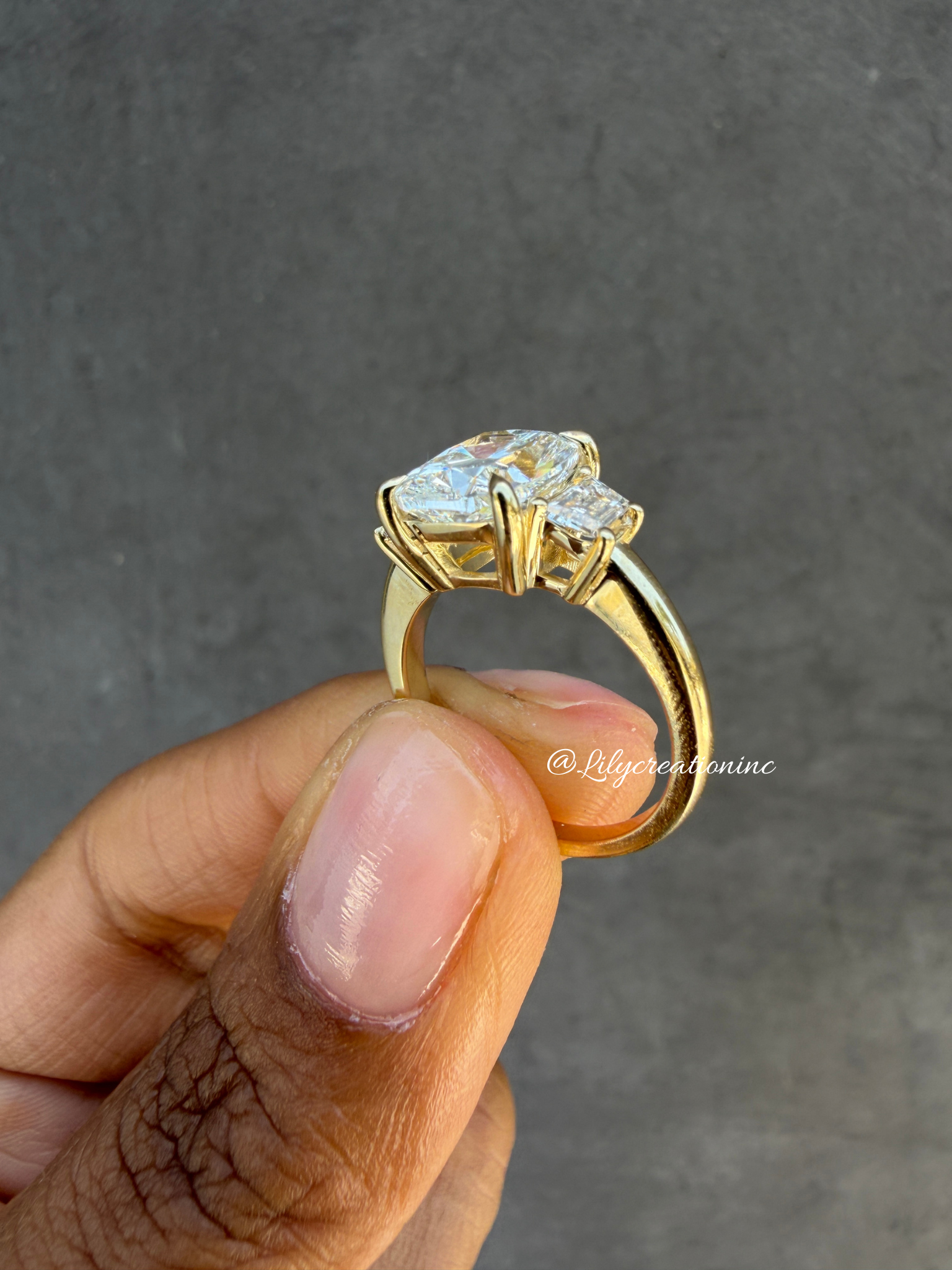 Cushion Cut Lab Grown Diamond Engagement Ring with Trapezoid Side Stones