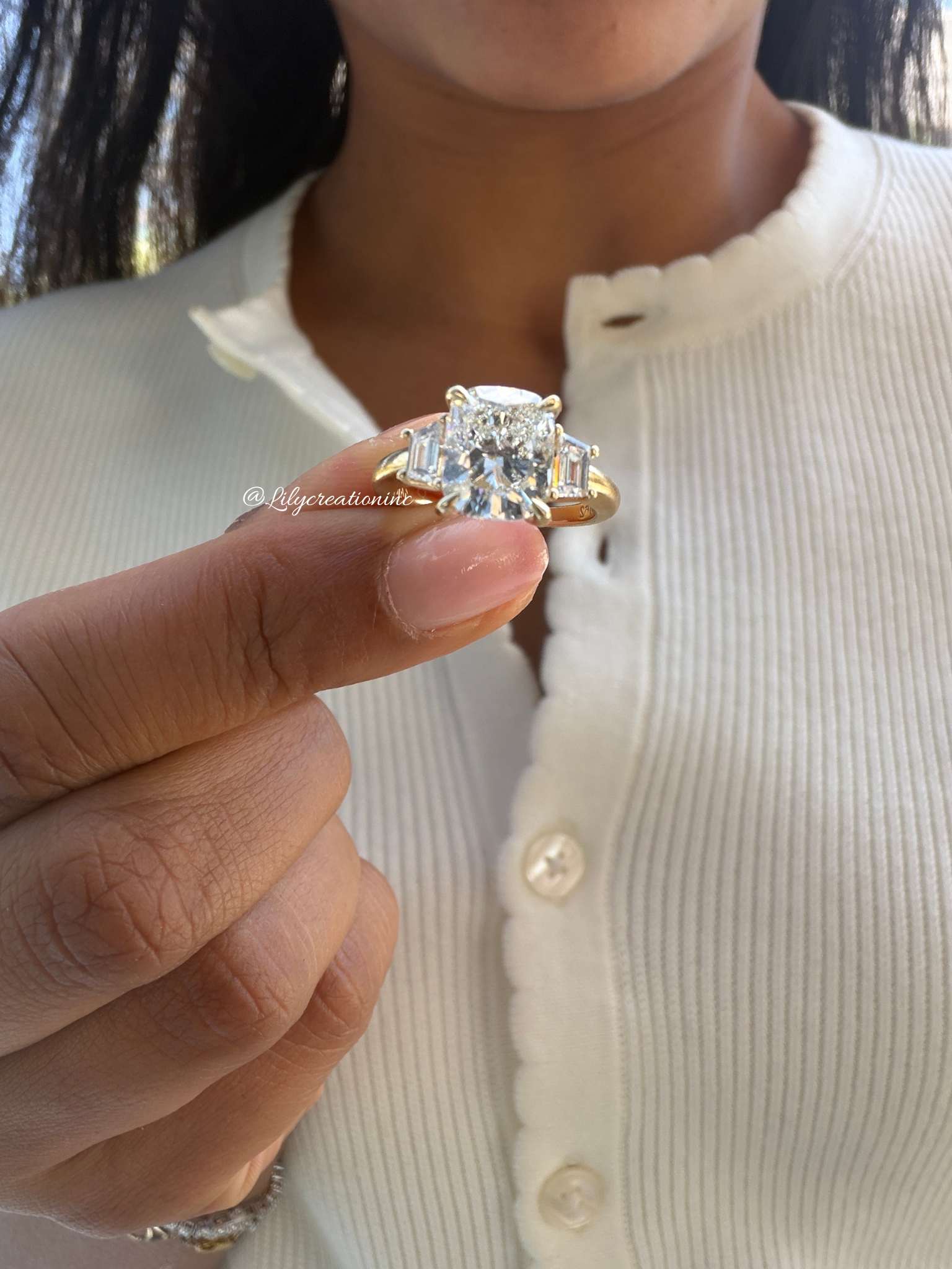 Cushion Cut Lab Grown Diamond Engagement Ring with Trapezoid Side Stones