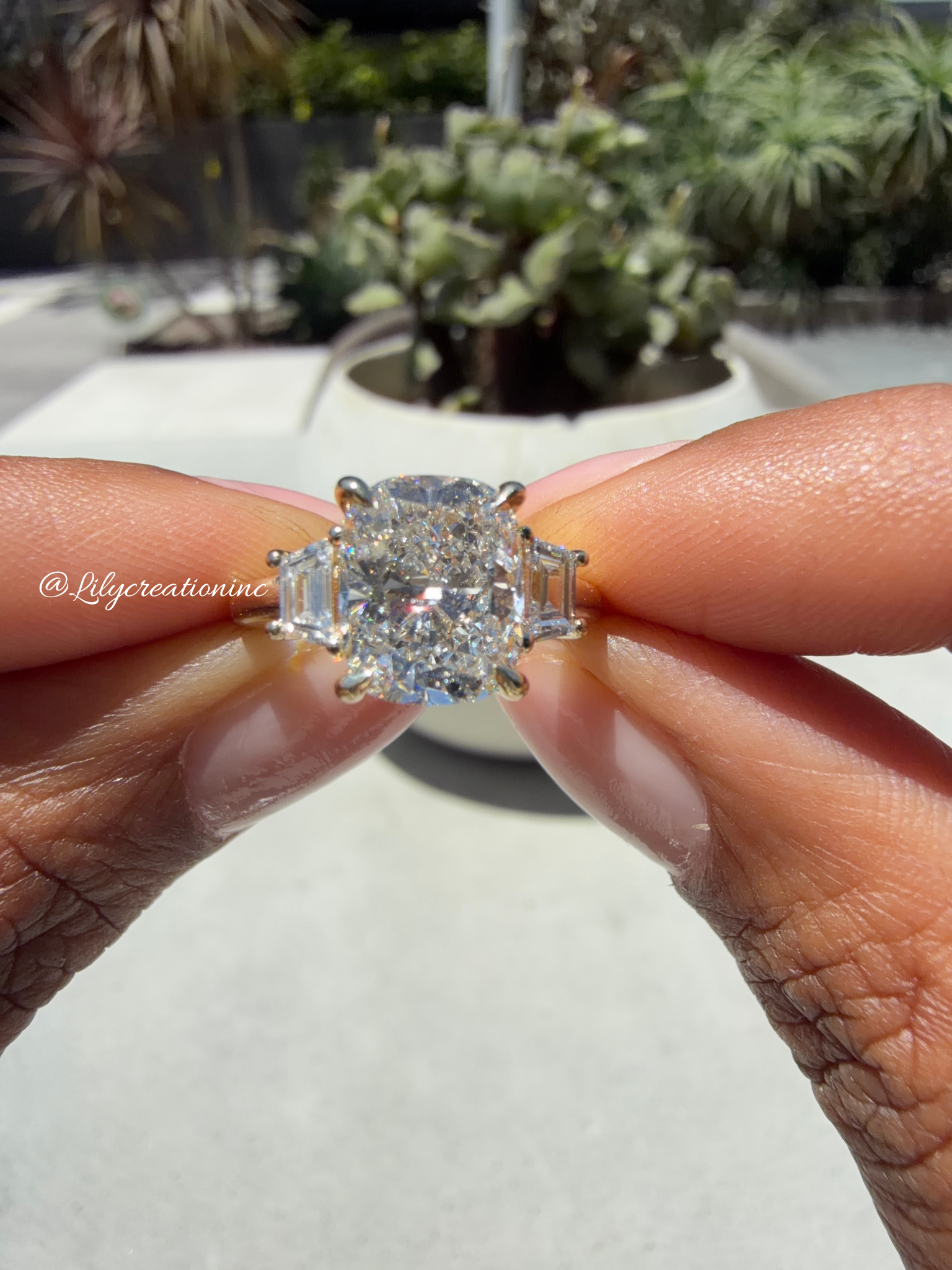 Cushion Cut Lab Grown Diamond Engagement Ring with Trapezoid Side Stones