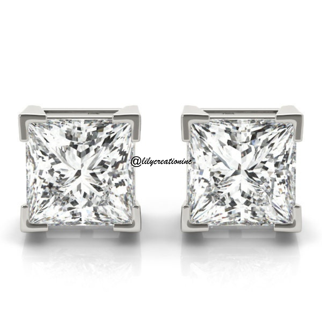 2 Carat Princess Cut Lab Grown Diamond Stud Earrings