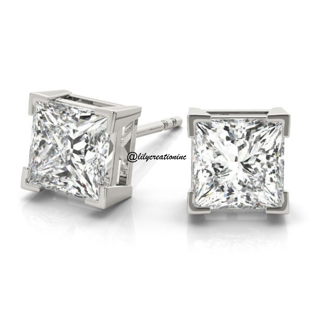 2 Carat Princess Cut Lab Grown Diamond Stud Earrings