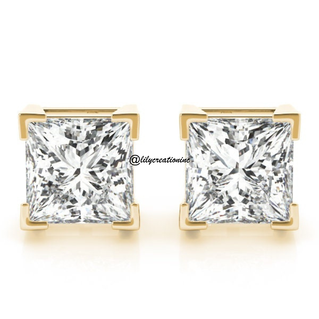 2 Carat Princess Cut Lab Grown Diamond Stud Earrings