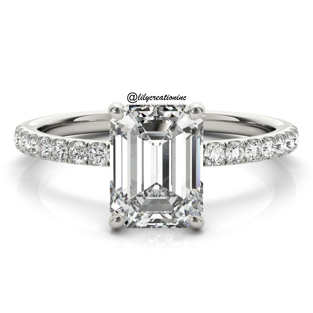 Emerald Cut Pavé & Prong Diamond Engagement Ring