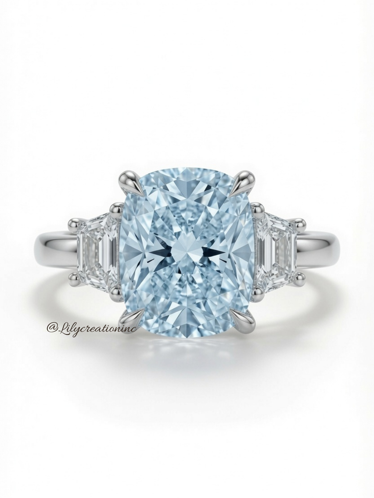 Blue Cushion Cut Diamond Engagement Ring with Trapezoid Side Stones