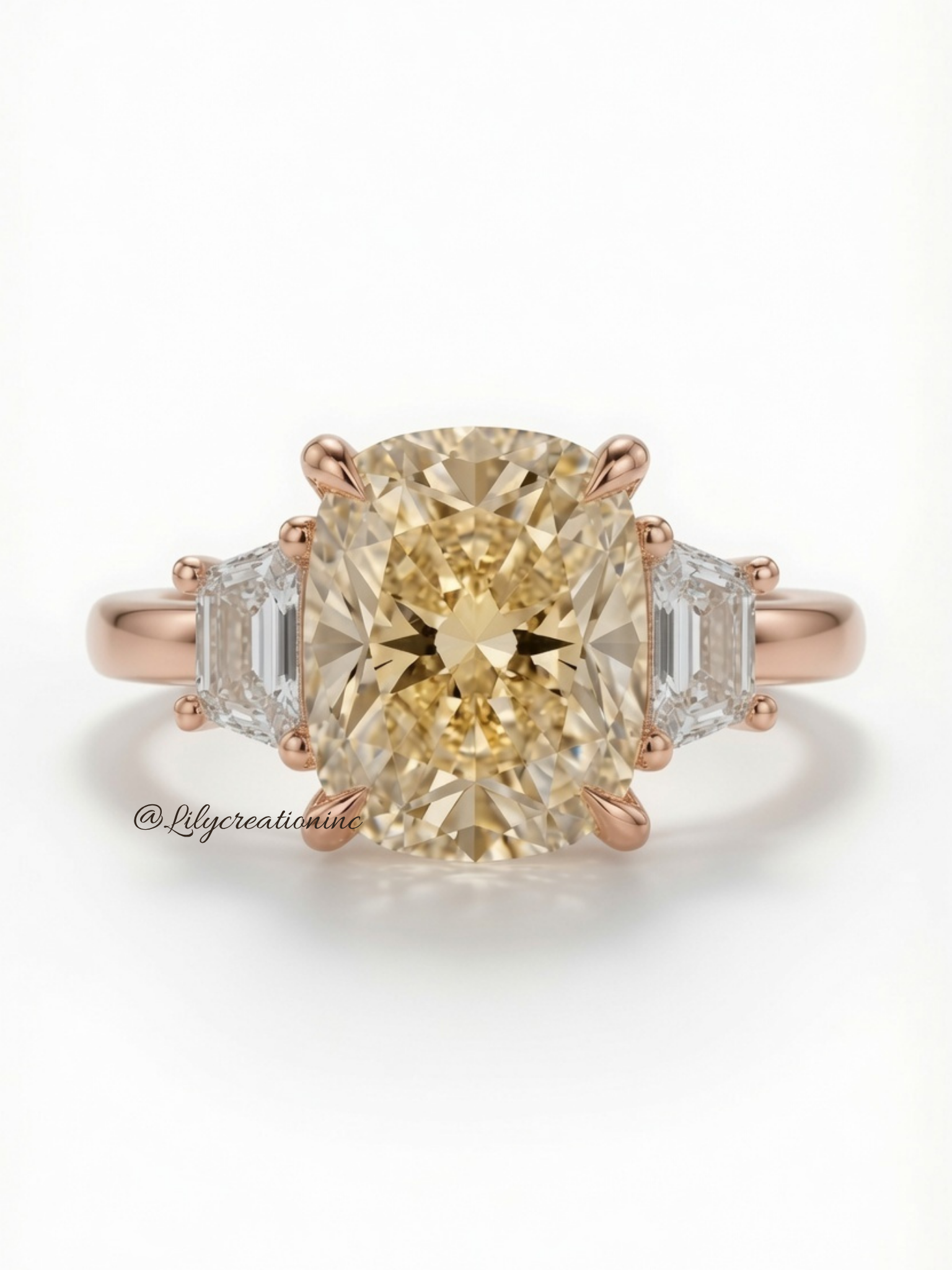Yellow Cushion Cut Diamond Engagement Ring with Trapezoid Side Stones