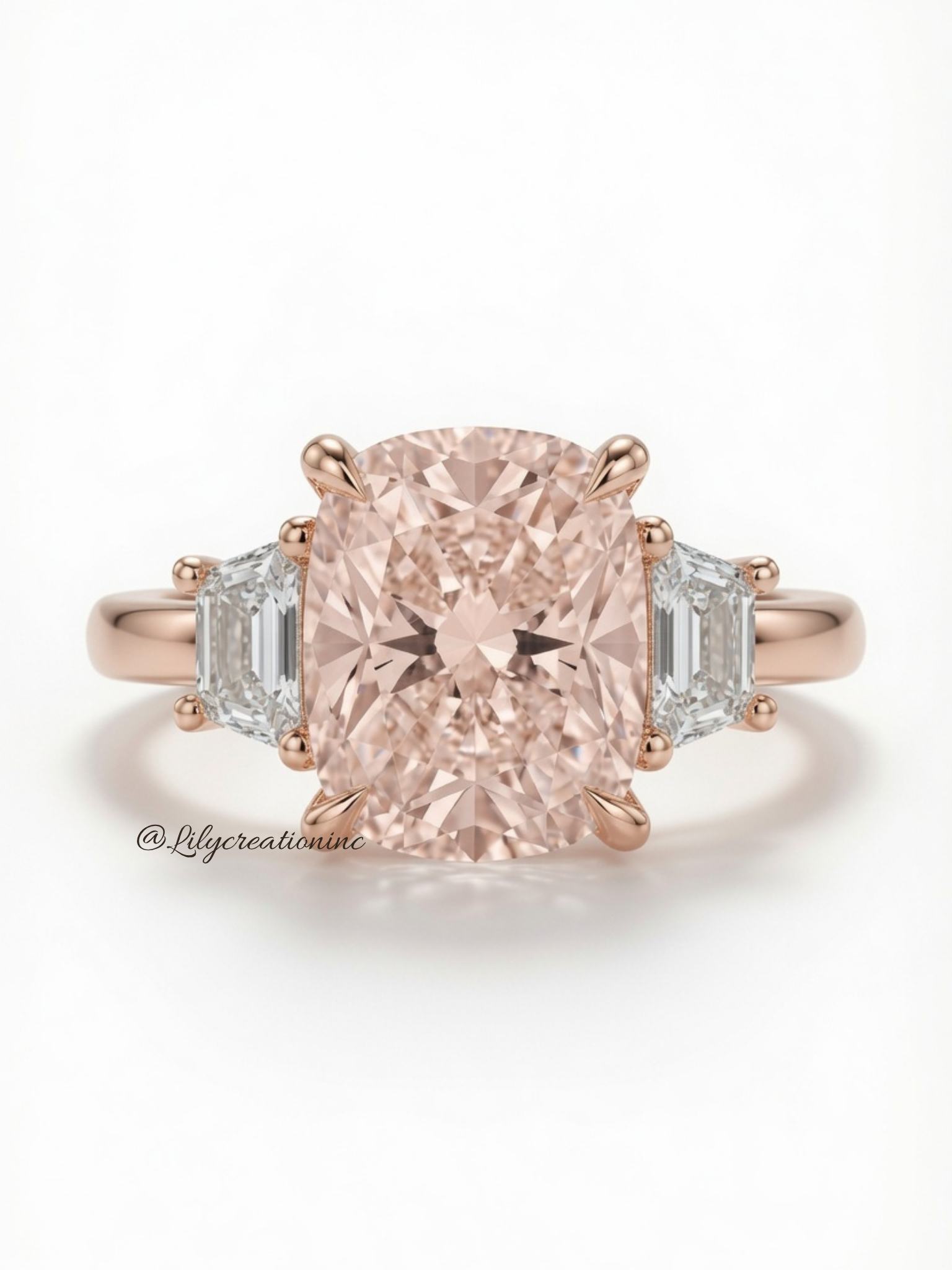 Pink Cushion Cut Diamond Engagement Ring with Trapezoid Side Stones