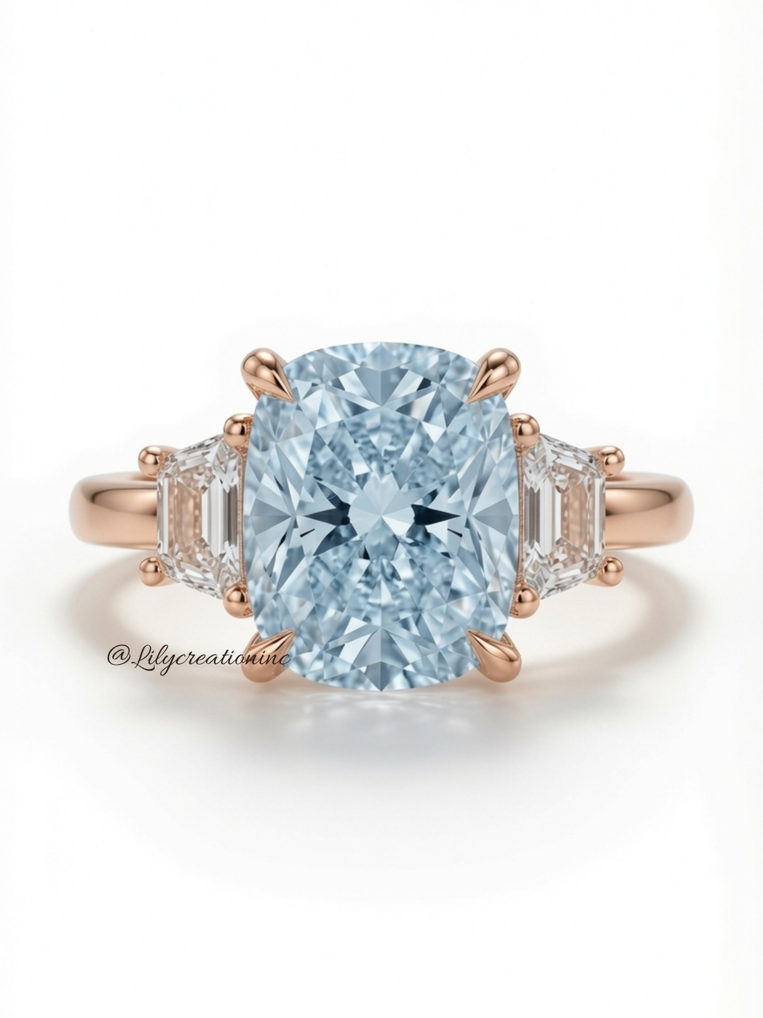 Blue Cushion Cut Diamond Engagement Ring with Trapezoid Side Stones