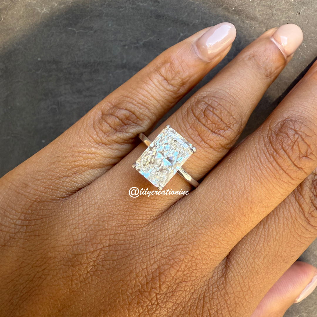 Radiant Cut Solitaire Diamond Engagement Ring With Hidden Halo