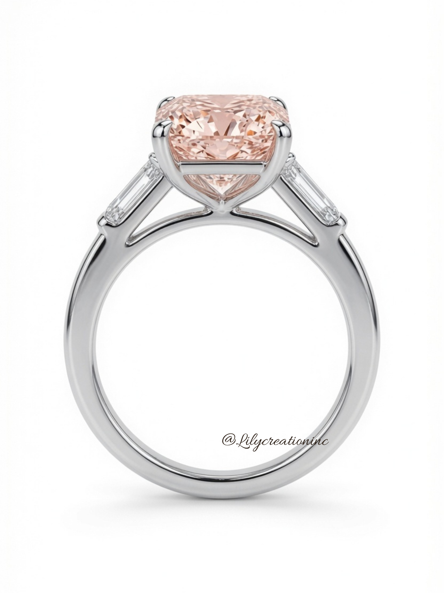 Pink Radiant Cut Diamond Engagement Ring with Trapezoid Side Stones
