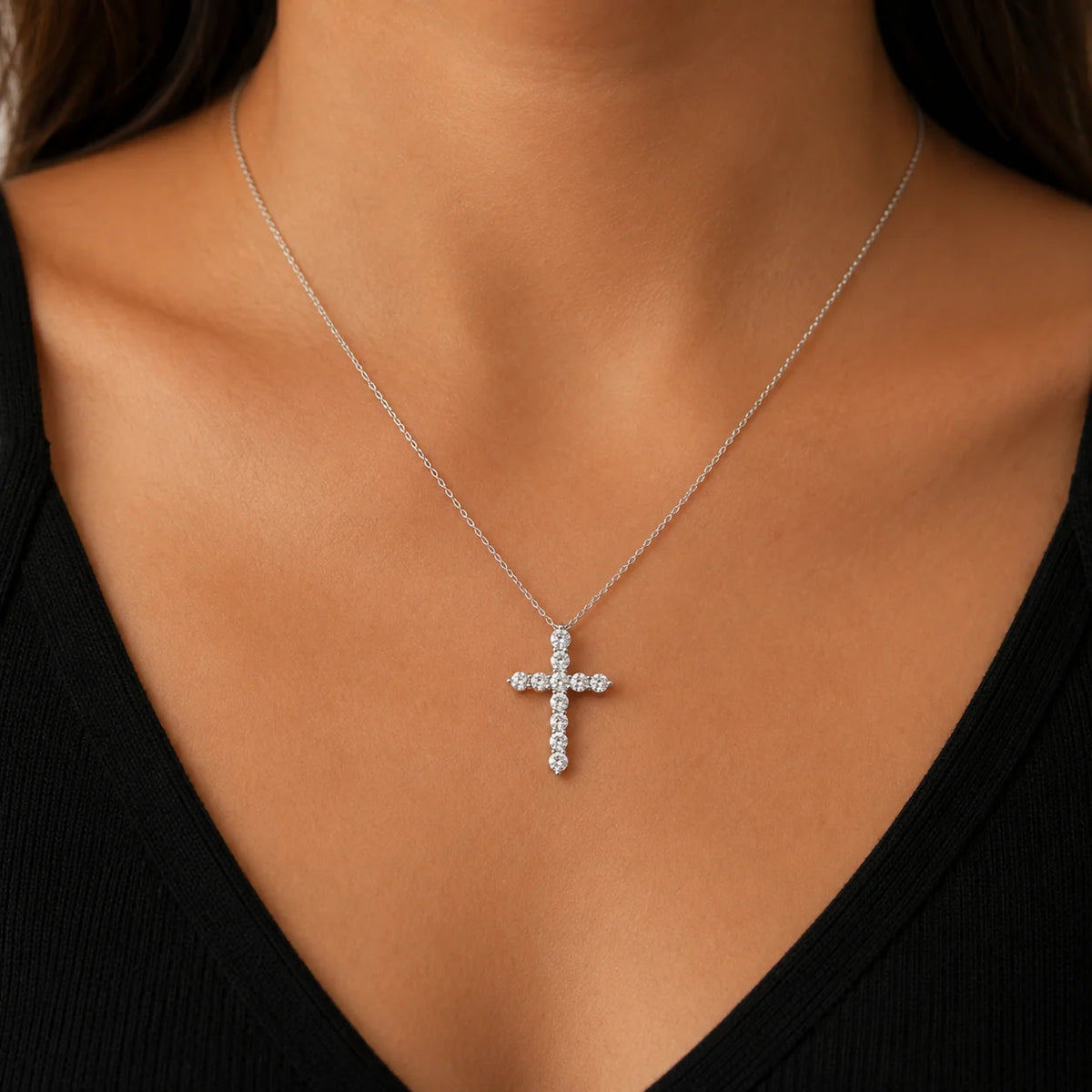 Round 11 Stones Lab Grown Diamond Cross Pendant Necklace 14K Gold