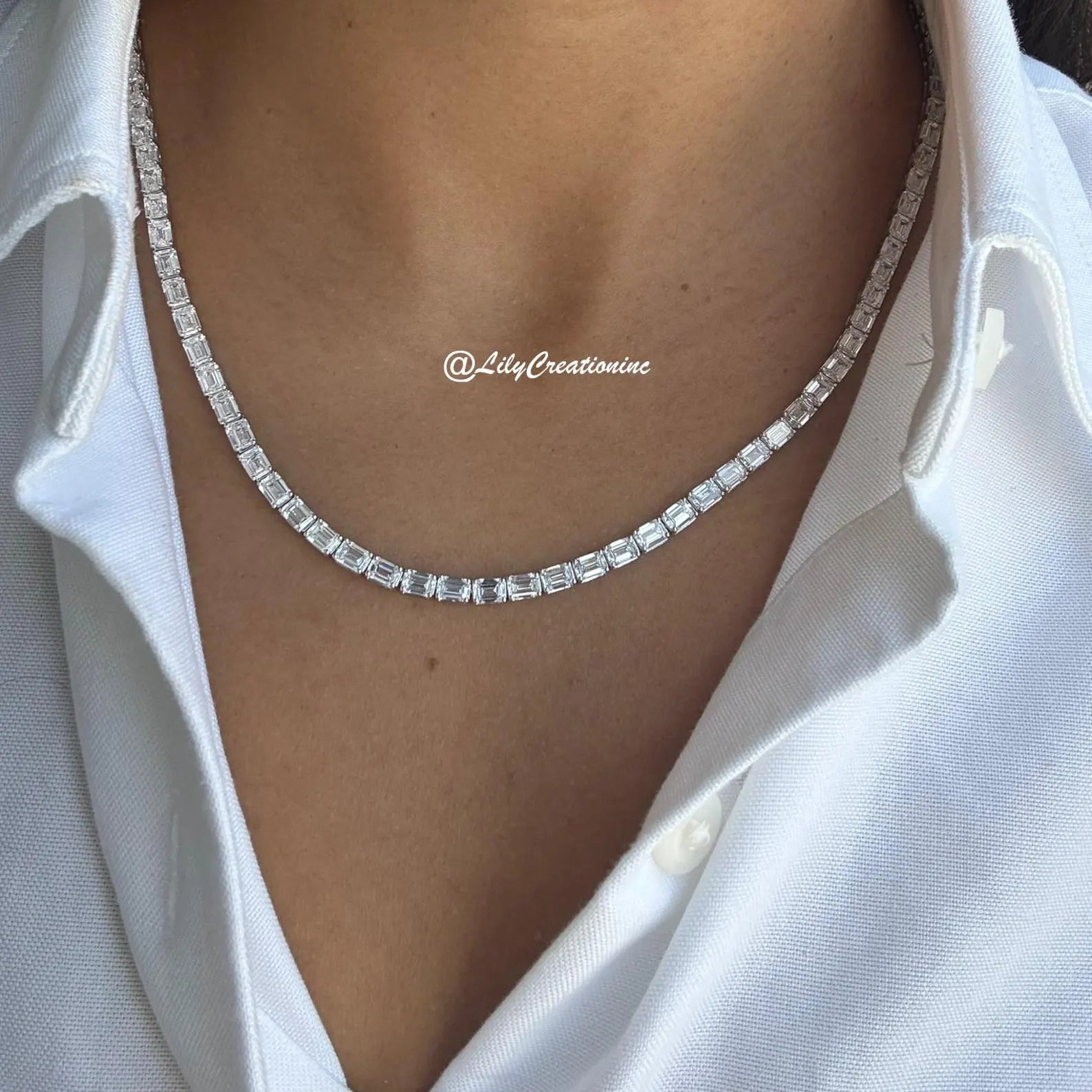 25 Carat Emerald Cut Lab Grown Diamond Tennis Necklace