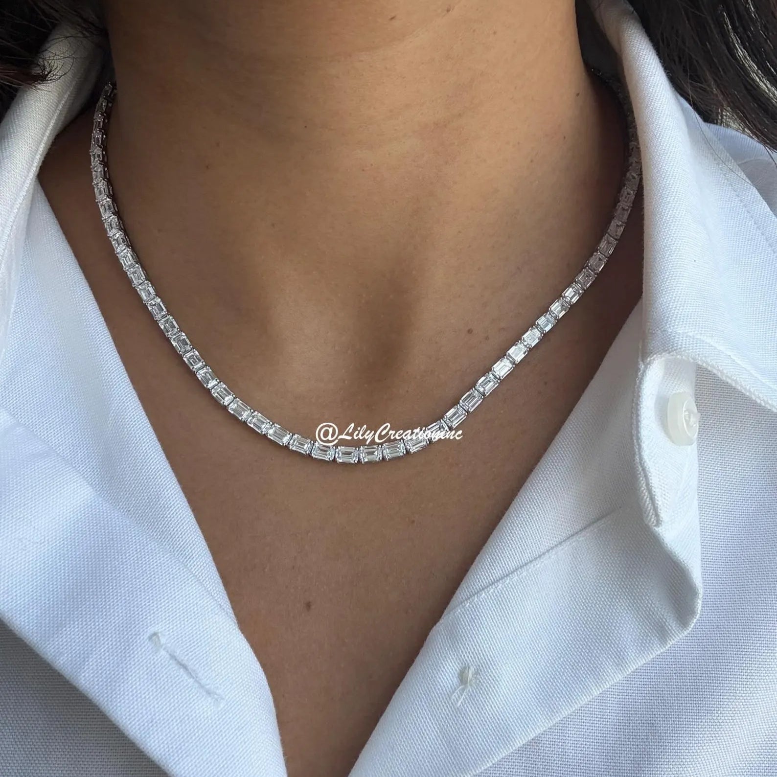 25 Carat Emerald Cut Lab Grown Diamond Tennis Necklace