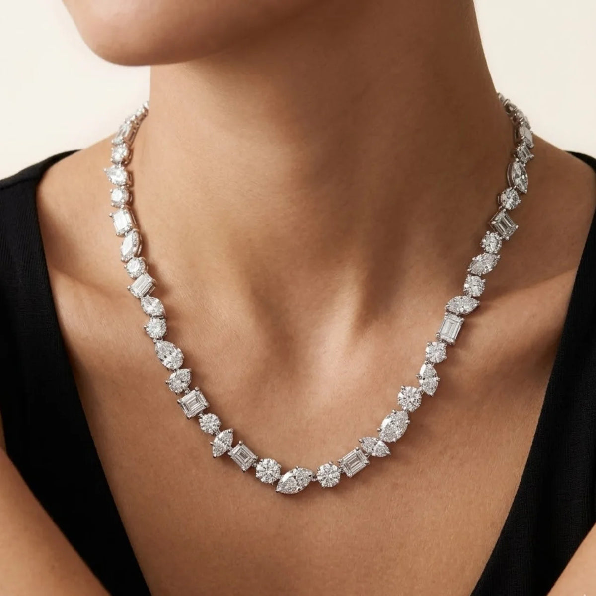 34.40 CTW Mixed-Shape Lab-Grown Diamond Tennis Necklace in 14K White Gold