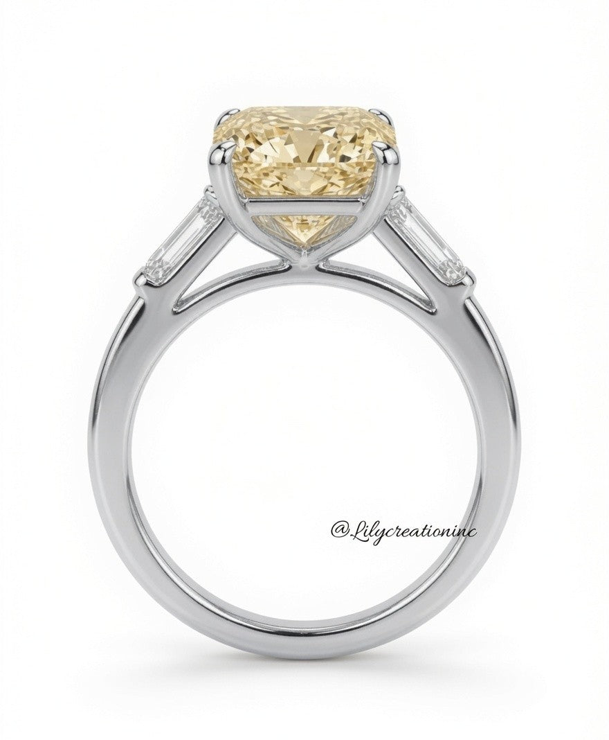 Yellow Radiant Cut Diamond Engagement Ring with Trapezoid Side Stones