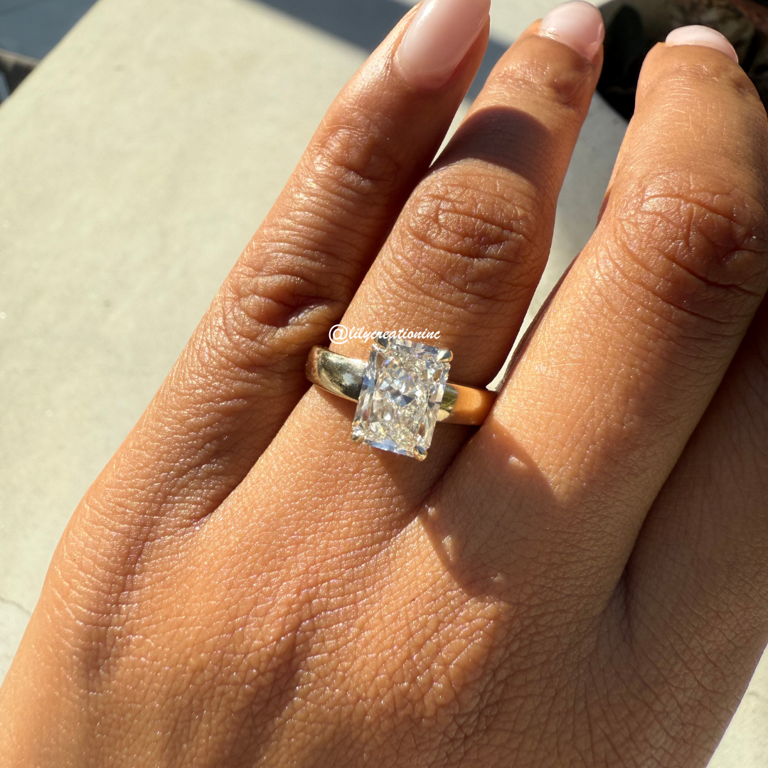 Radiant Cut Solitaire Diamond Engagement Ring With Thick Gold Band