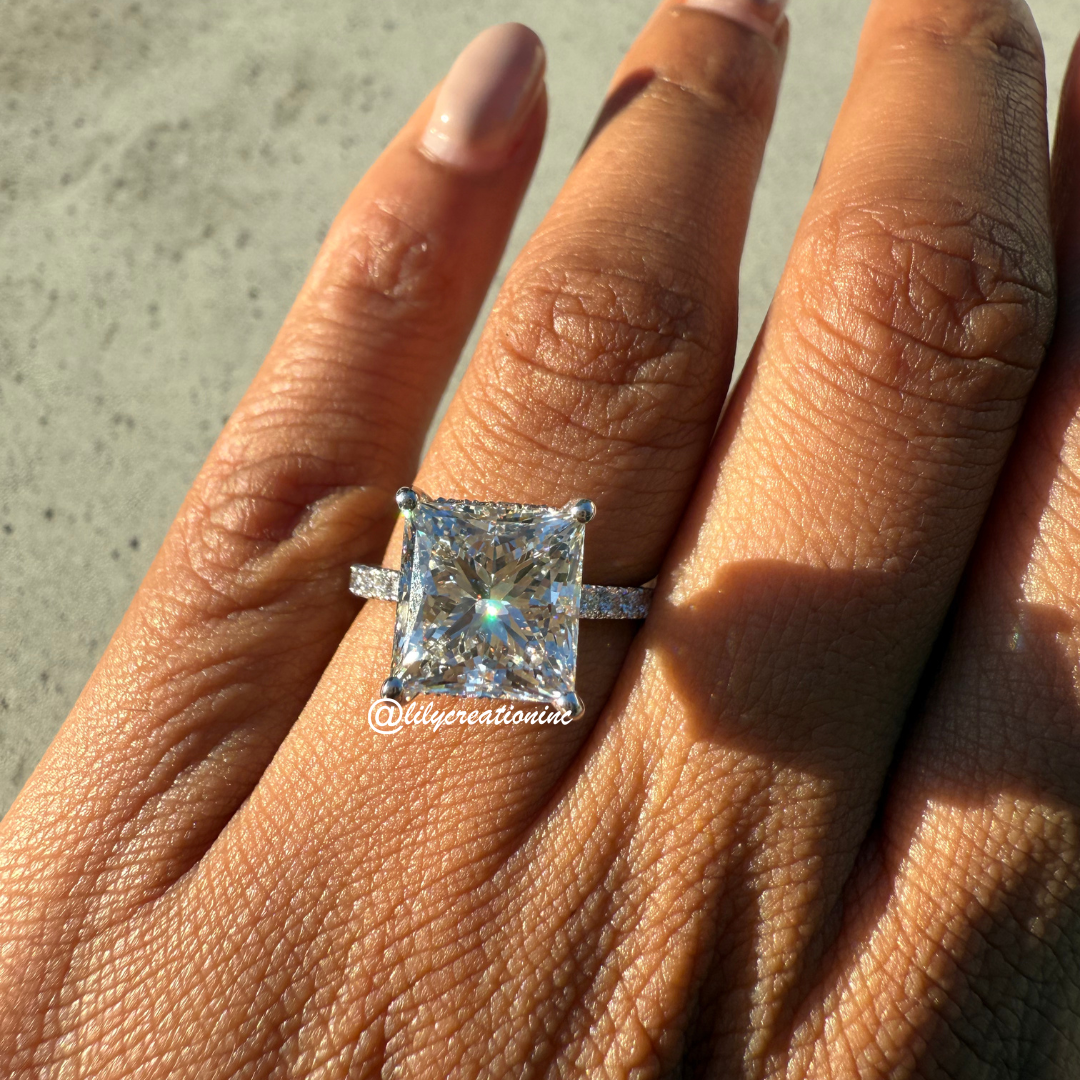 Princess Cut Diamond Engagement Ring With 1/2 Coverage Side Stones & Hidden Halo