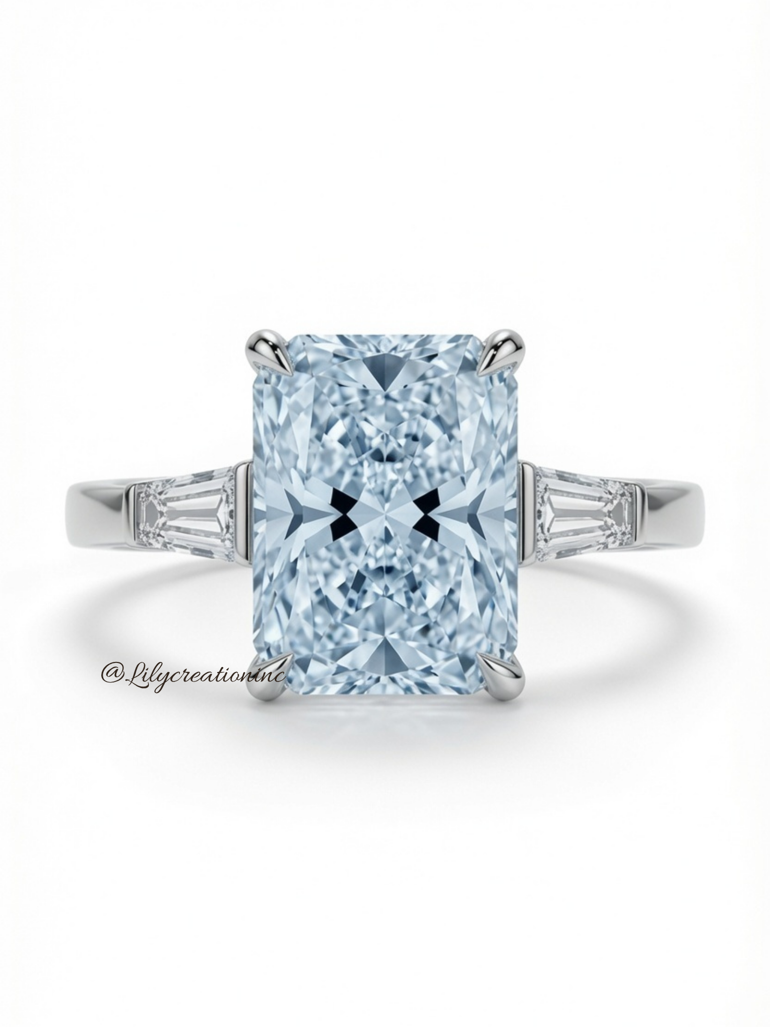 Blue Radiant Cut Diamond Engagement Ring with Trapezoid Side Stones